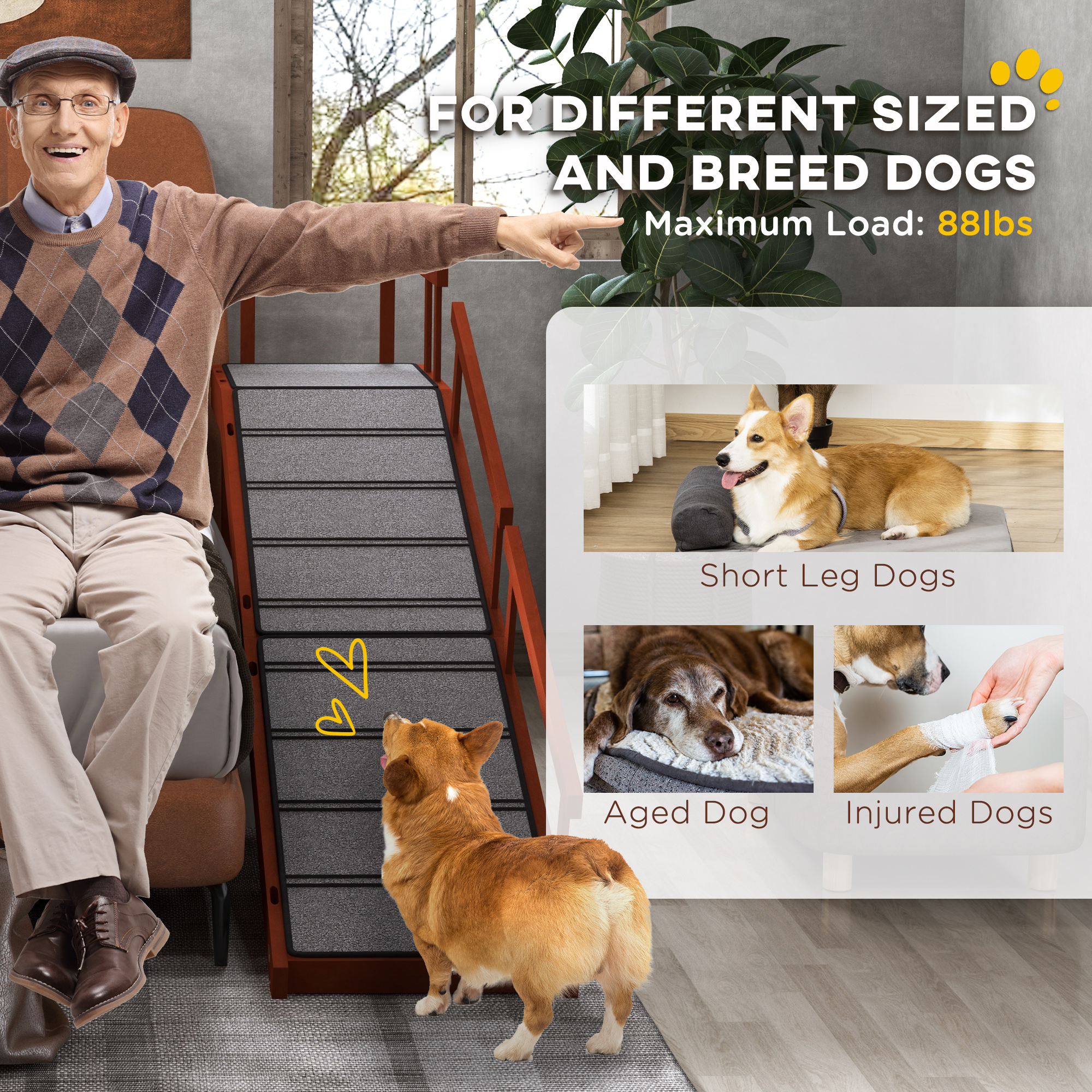  Wooden Dog Ramp with Removable Guardrails, Non-Slip Surface, 73" Long, Brown