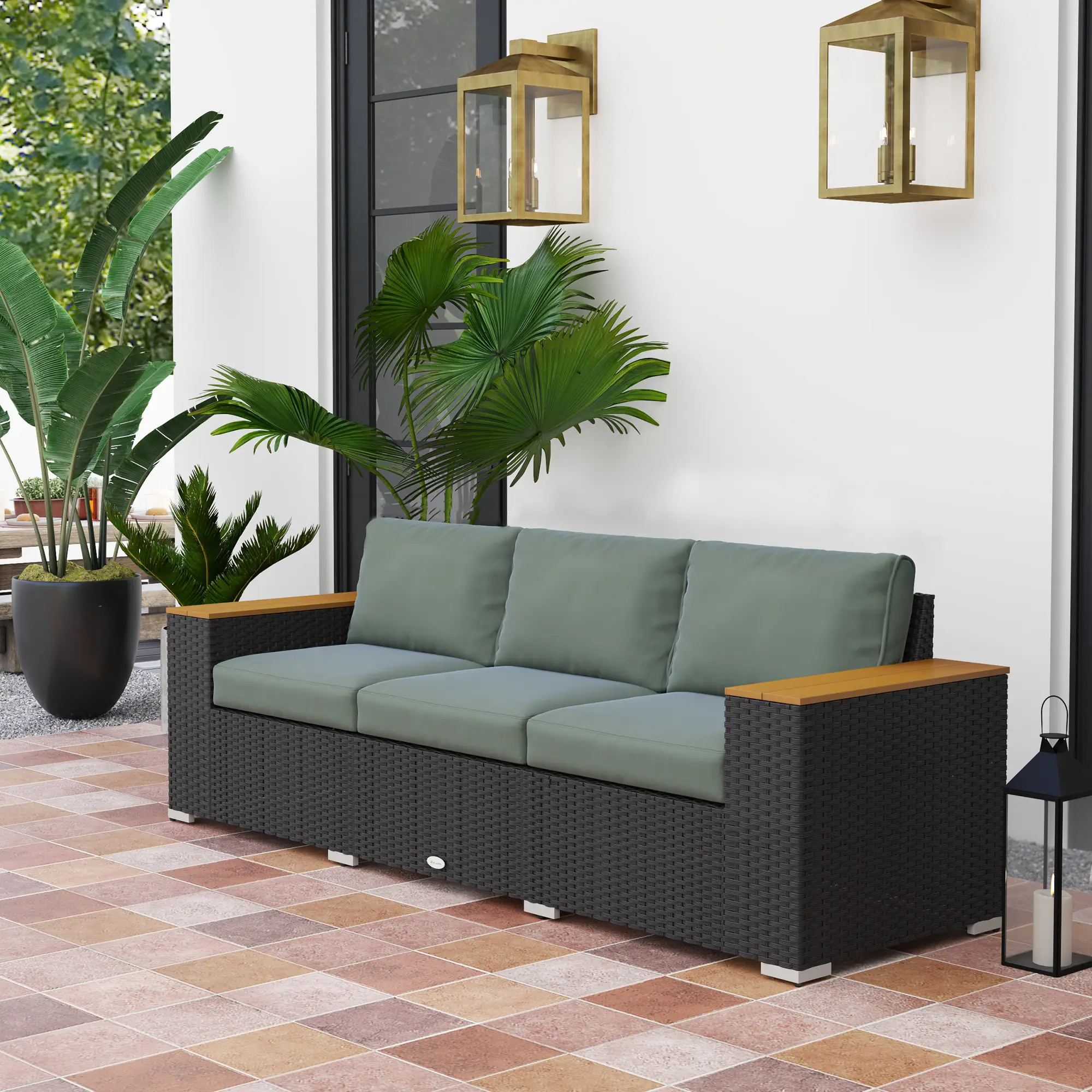 3-Seat Outdoor Patio Sofa, PE Wicker Outdoor Couch with  Extra Wide Deep Seat, Wide Armrests 4" Cushions, Dark Gray