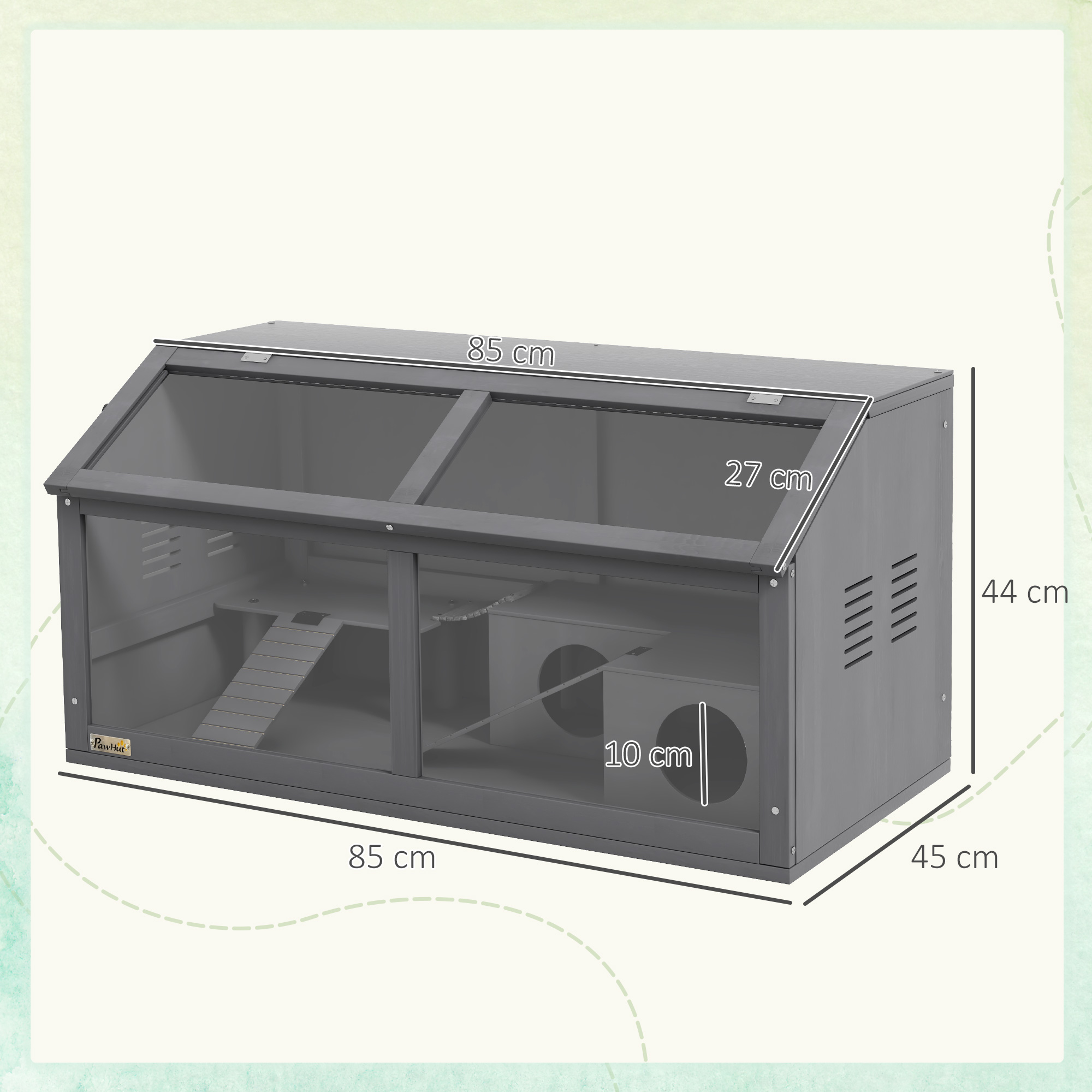 PawHut Hamster Cage, Wooden Small Animal Cage For Gerbils, Mice W/ Suspension Bridge, Openable Top, Hut, 85 X 45 X 44cm - Grey