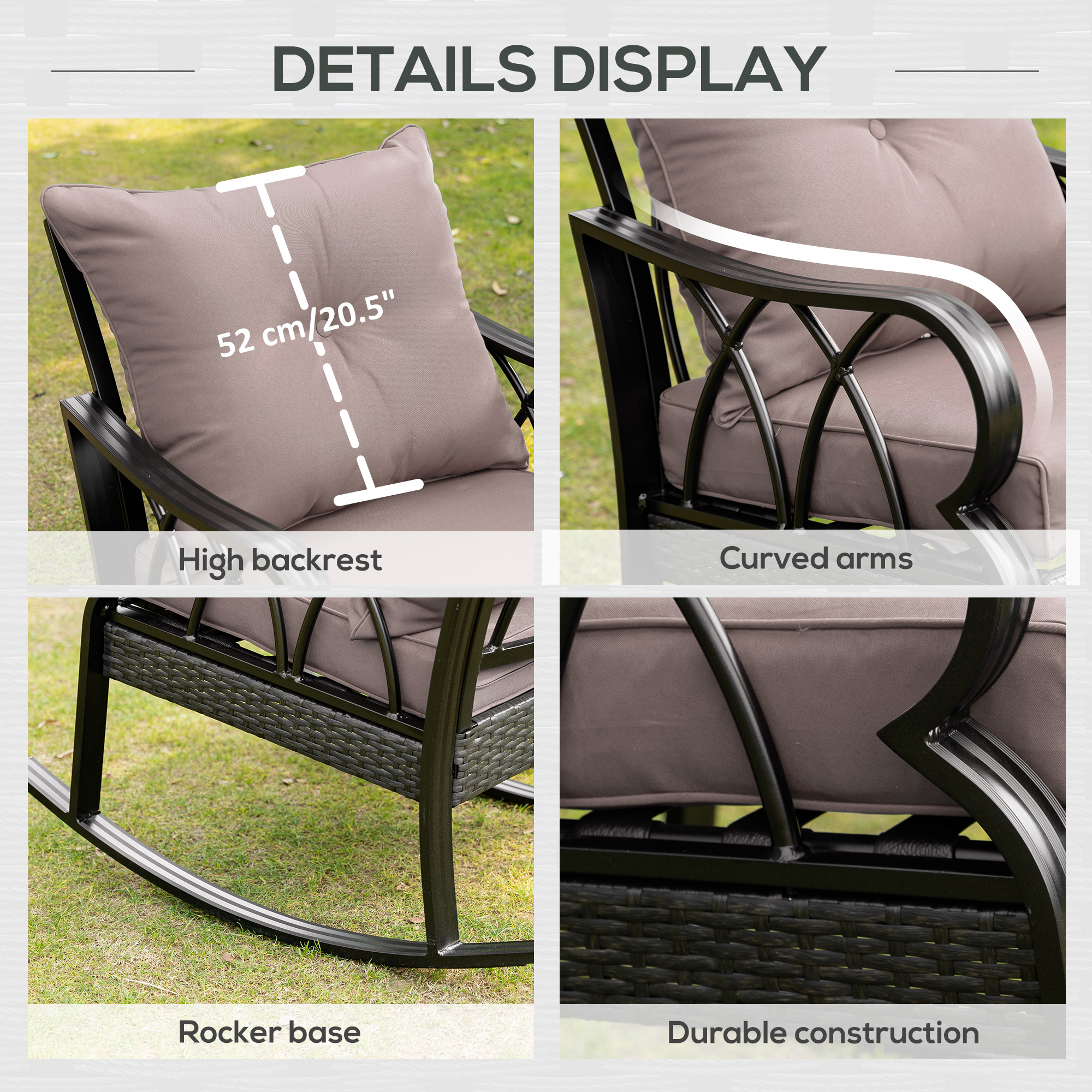 Outdoor Wicker Rocking Chair with Padded Cushions, Aluminum Furniture Rattan Porch Rocker Chair w/ Armrest for Garden, Patio, and Backyard, Gray