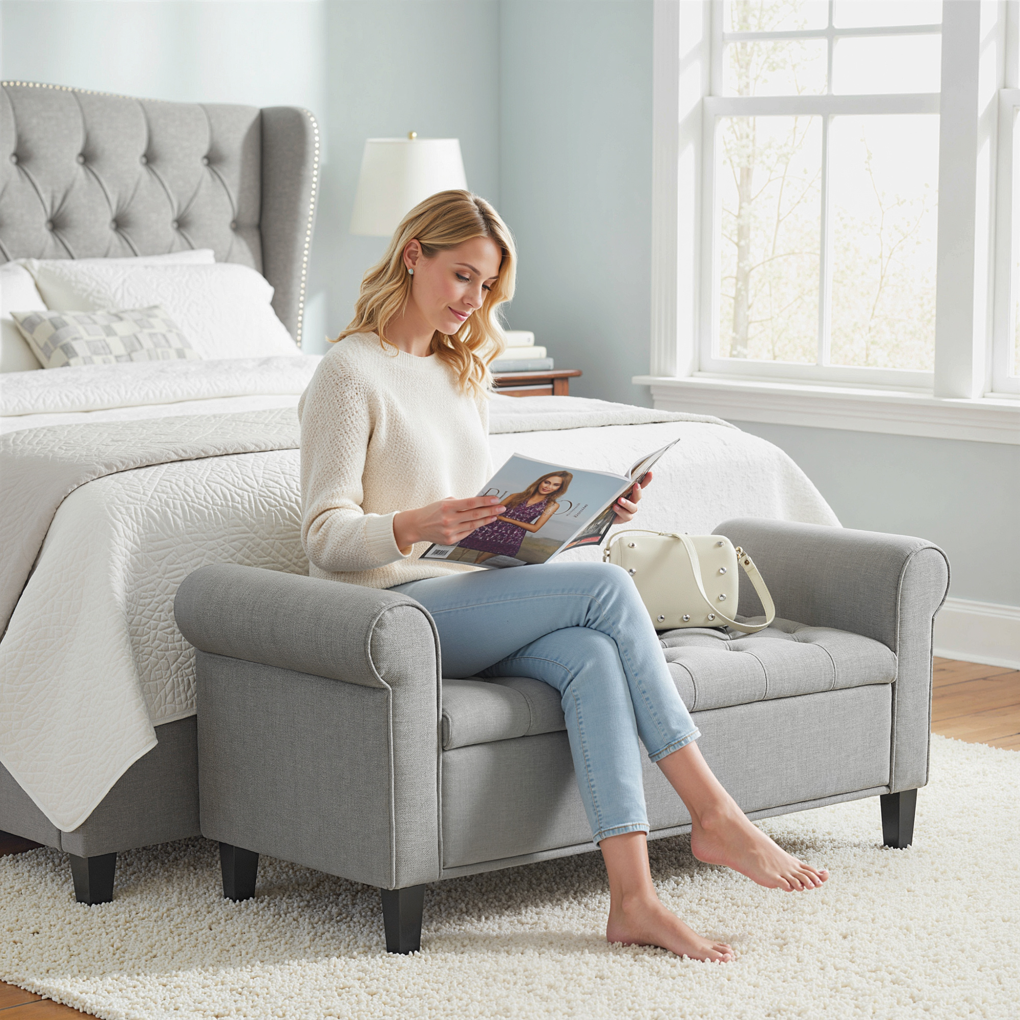 50 Inches Storage Ottoman, End of Bed Bench with Rolled Arms, Wood Legs, Button Tufted Storage Bench… image 7
