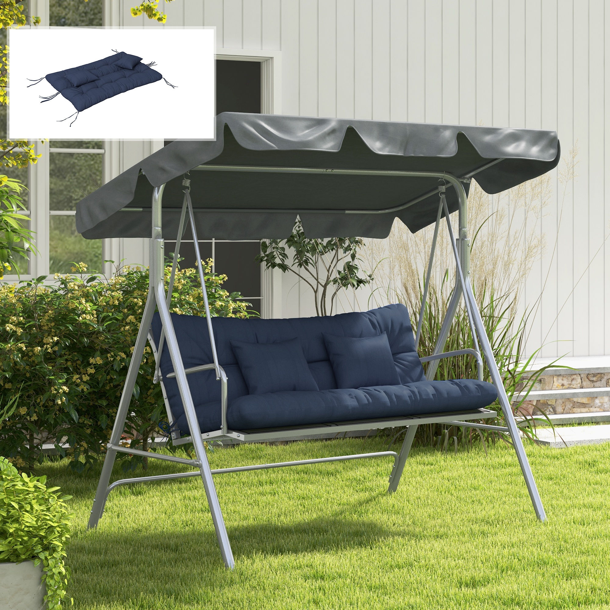  59" Tufted Bench Cushions & Throw Pillows, Replacement Bench Seat Pad, Back & 2 Pillows for Outdoor Furniture, Navy Blue