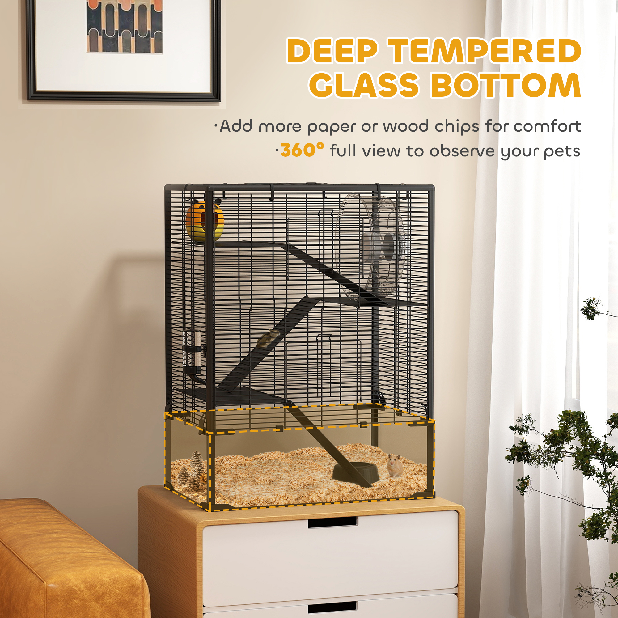  4 Tier Hamster Cage with Deep Tempered Glass Bottom, Running Wheel, Hut, Water Bottle, Food Dish, 24" x 16" x 31.5"