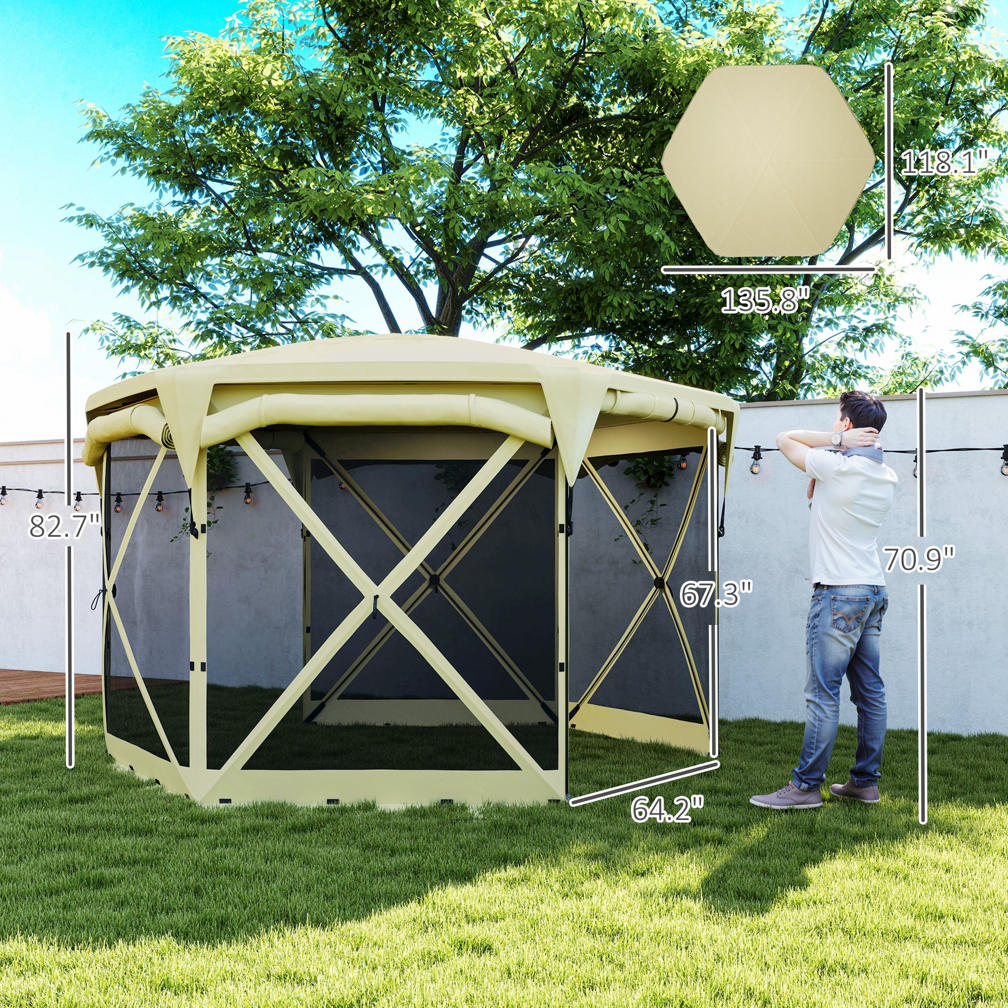 11 x 11ft Pop Up Gazebo Screen Tent with Removable Roof Cover, Roll-up Wind Panels for Camping, Backyard, Beige - Image 3