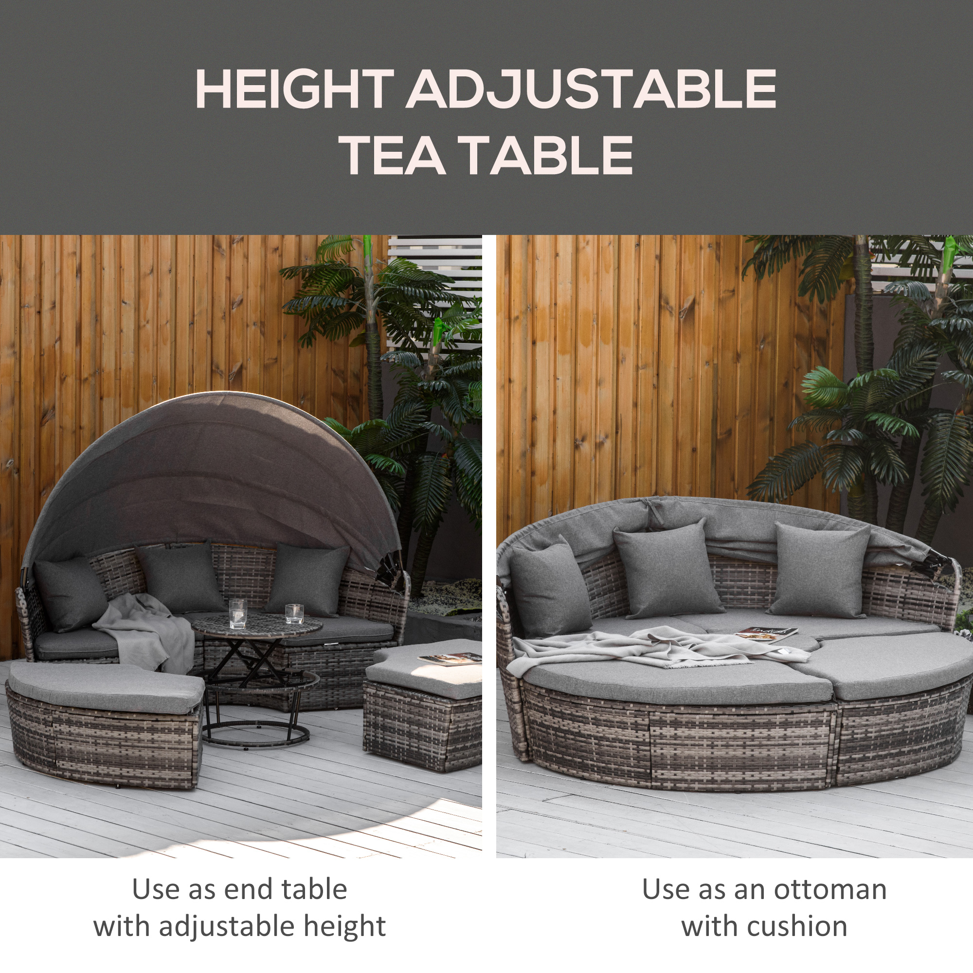  4 Piece Round Rattan Daybed, Convertible Patio Furniture Set, Adjustable Sun Canopy, Sectional Outdoor Sofa, 2 Chairs, Extending Tea Table Ottoman Chair, 3 Pillows, Gray