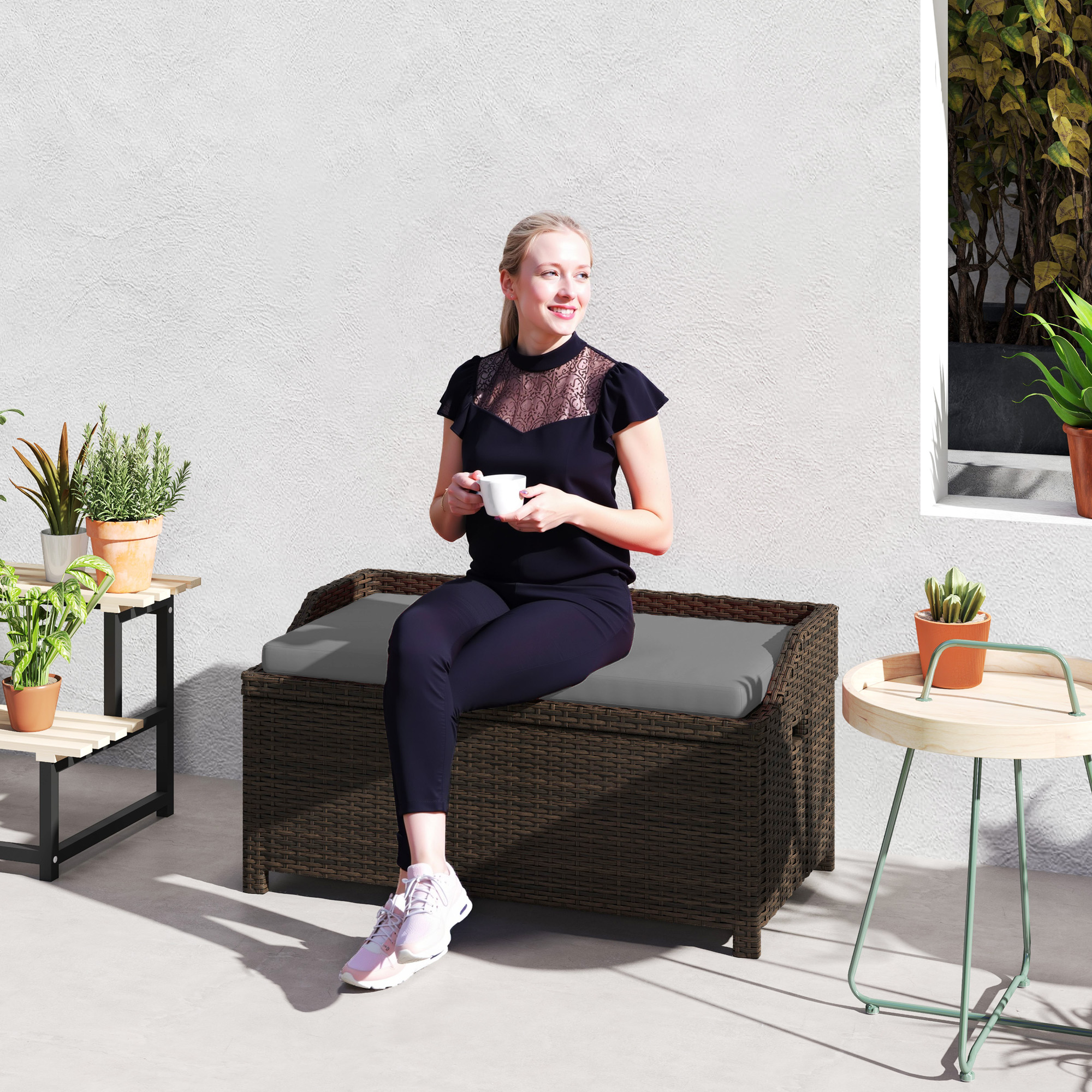 Outdoor Wicker Storage Bench with Storage & Cushion, Gray