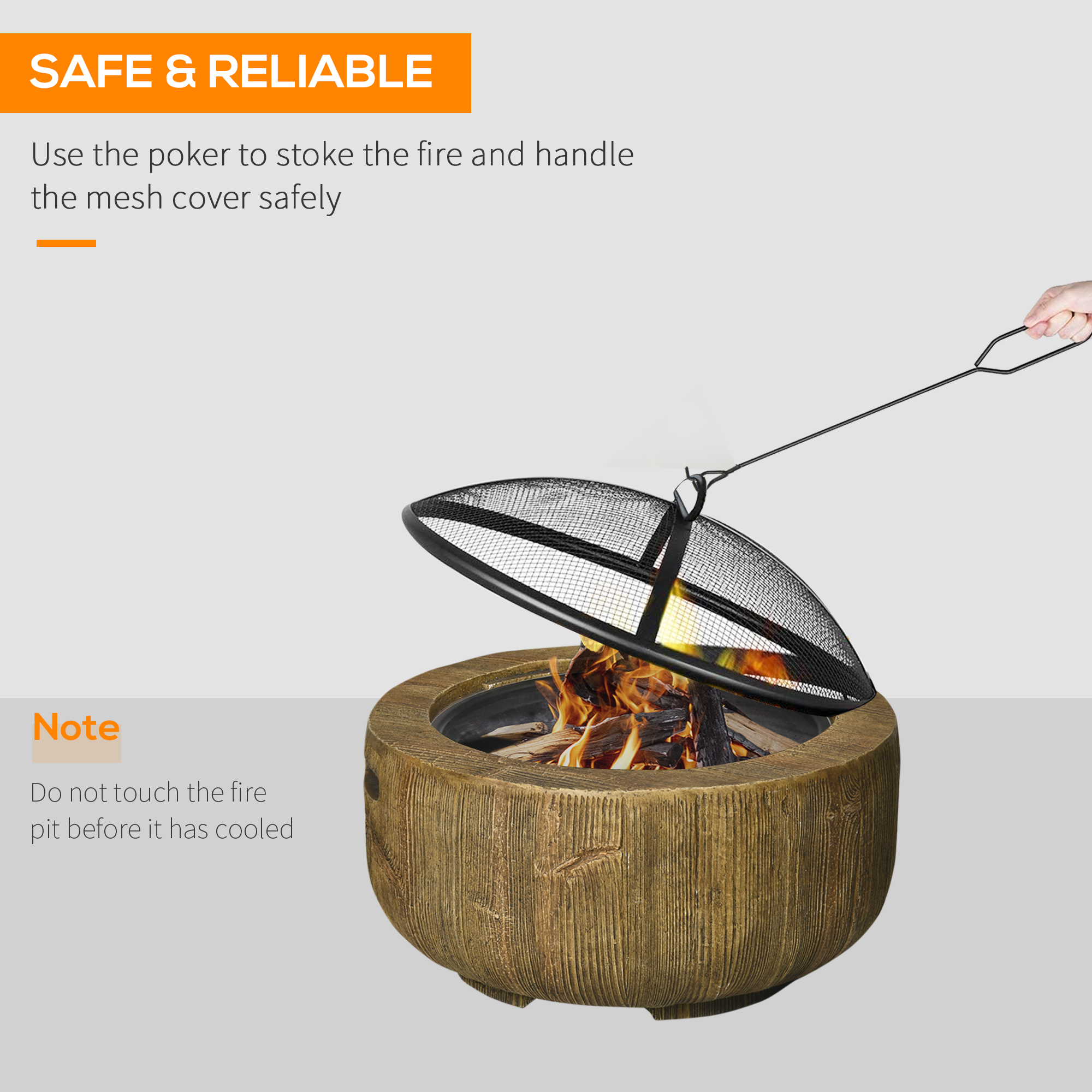  Outdoor Fire Pit, 24 Inch Metal Wood Burning Fireplace with Spark Cover, Poker, Woodgrain Design for Patio, Picnic, Backyard, Light Brown