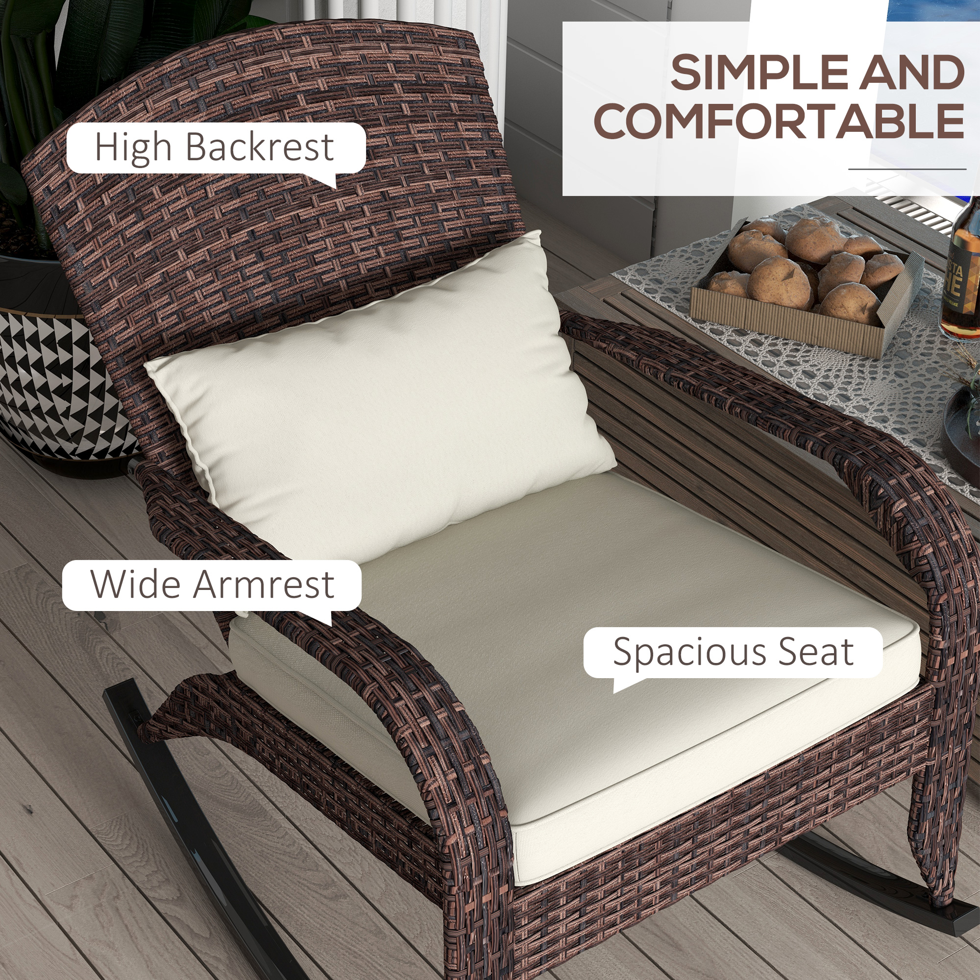 Adirondack Chair, Outdoor Wicker Rocking Chair with High Back, Seat Cushion, and Pillow for Porch, Balcony, Cream White