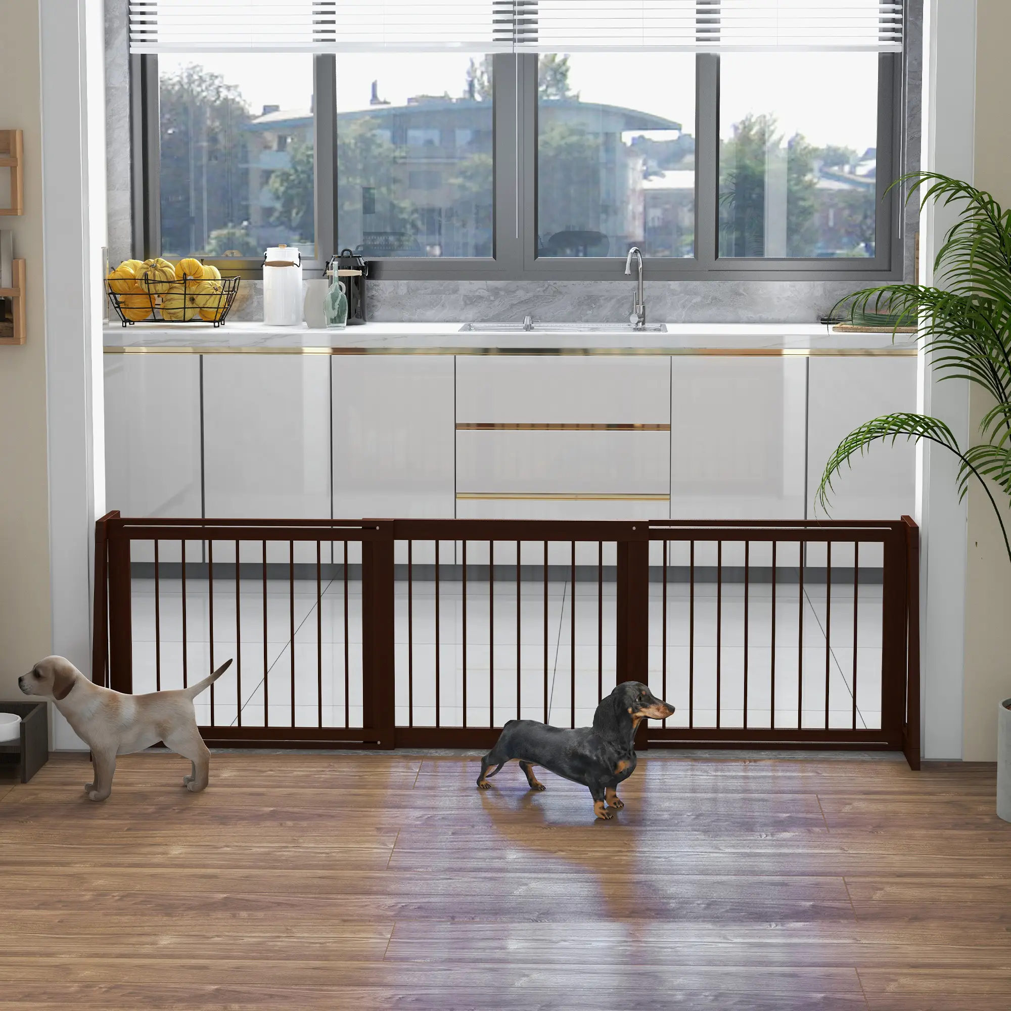 28"-75" Freestanding Wooden Pet Gate with Support Feet & Non-Slip Mats for Indoor, Stairway, Doorway, Brown