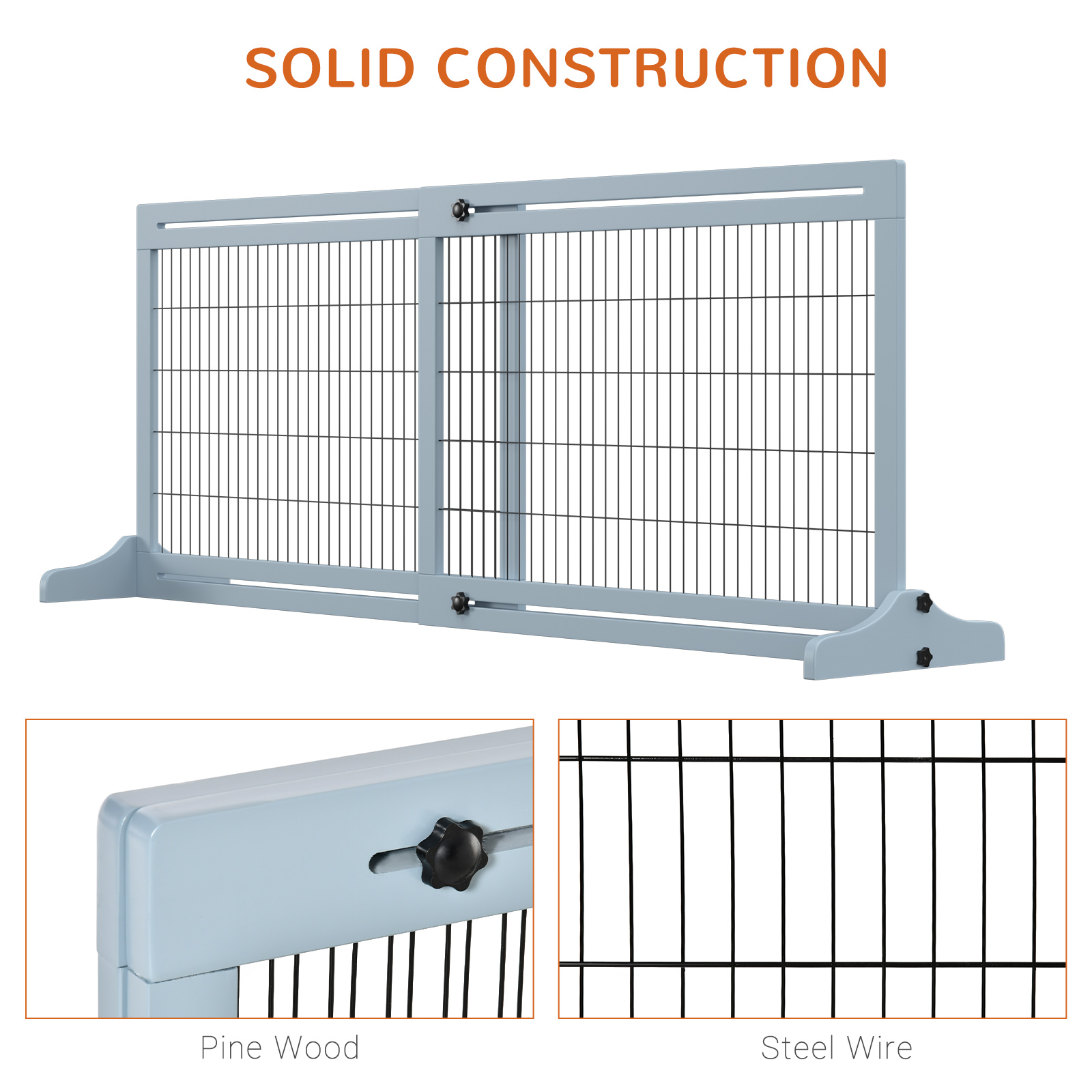  71" W x 27.25" H Extra Wide Freestanding Pet Gate with Adjustable Length Dog, Cat, Barrier for House, Doorway, Hallway, Blue-Gray