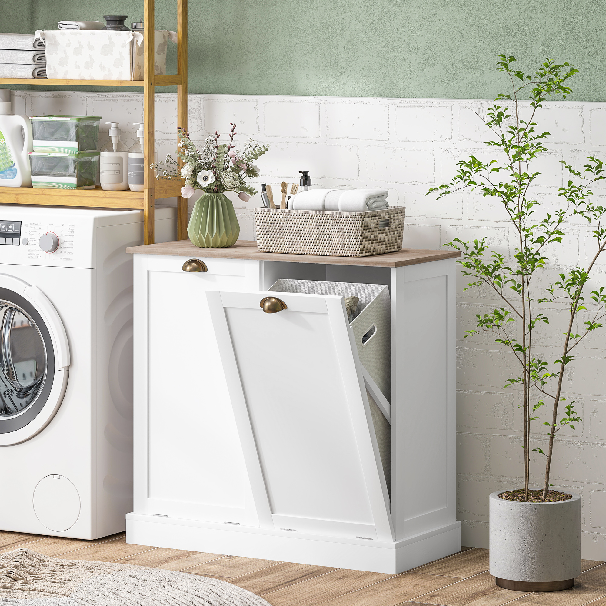  Dual Tilt out Laundry Hamper Cabinet with 2 Removable Basket, Modern Bathroom Storage Cabinet with Shaker Doors and Handles, White