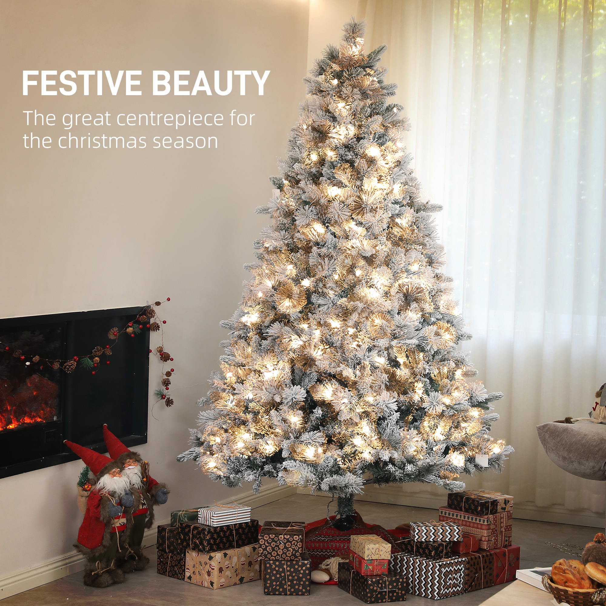 7.5 ft Prelit Flocked Artificial Christmas Tree with 500 Clear Lights, 1530 Tips, Metal Stand for Home Office Holiday — foto 4
