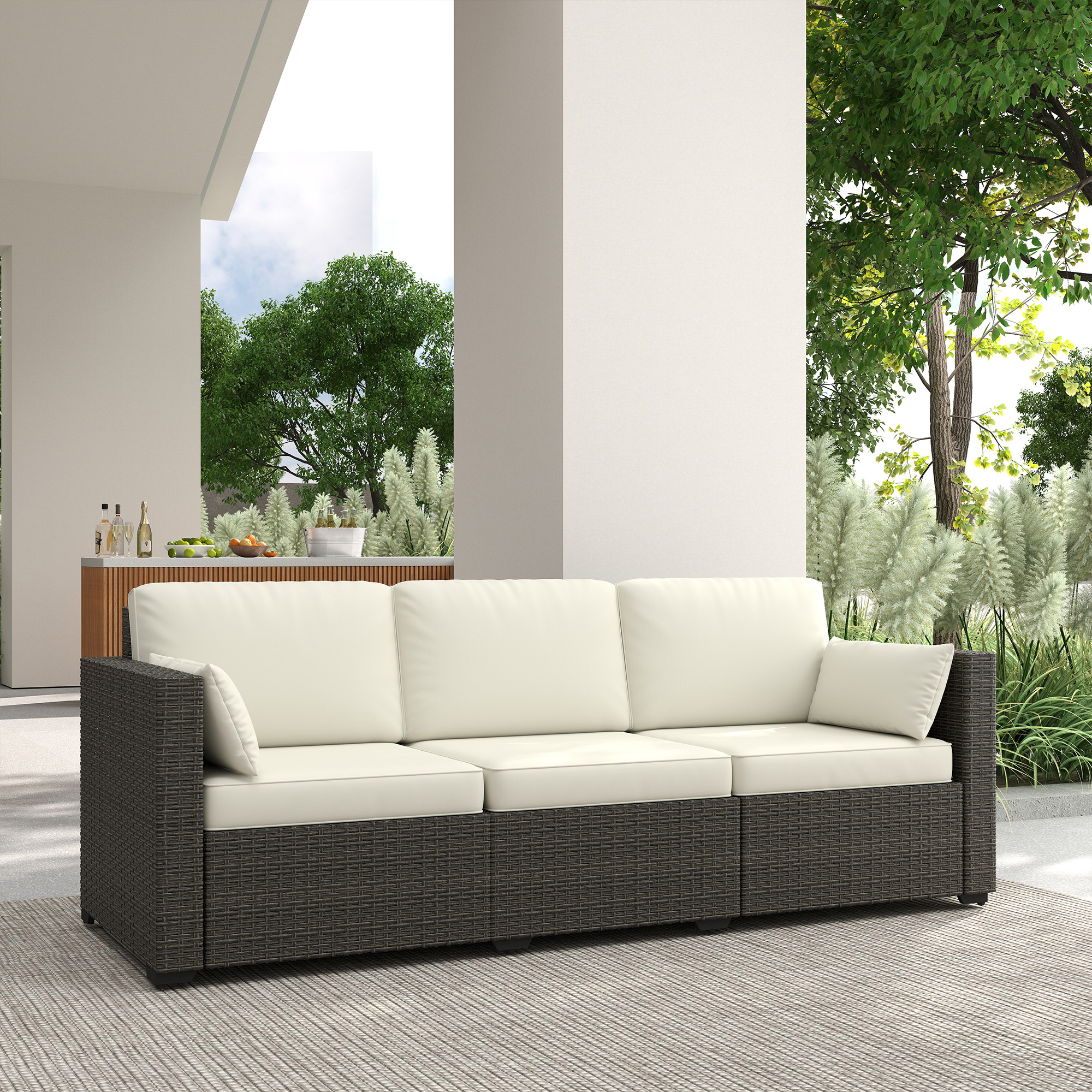 Patio Couch PE Wicker Deep Seating Outdoor Sofa with Removable Cushions, 3 Seater Rattan Sofa, Outdoor Furniture for Balcony, Deck, Garden and Poolside, Cream White