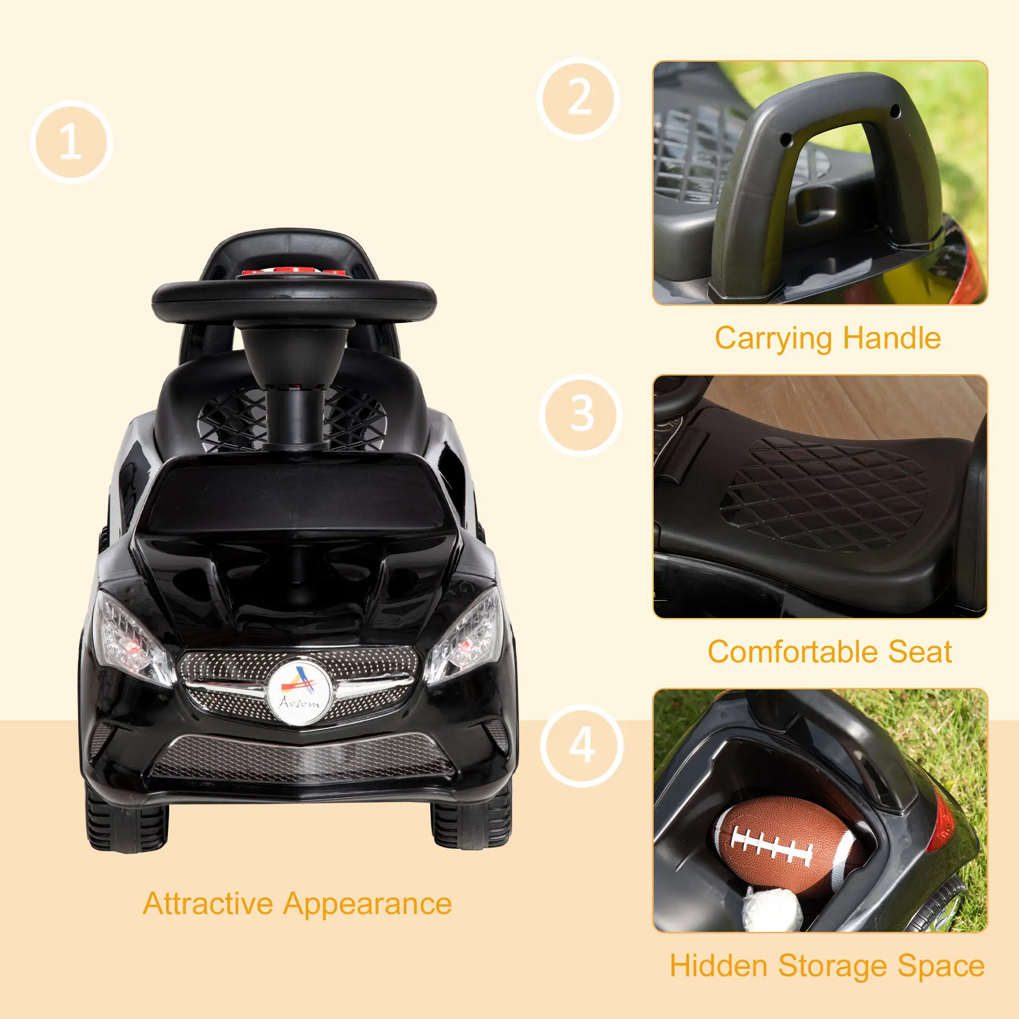 Kids Ride On Push Car, Foot-to-Floor Walking Sliding Toy Car for Toddler with Working Horn, Music, Headlights and Storage, Black
