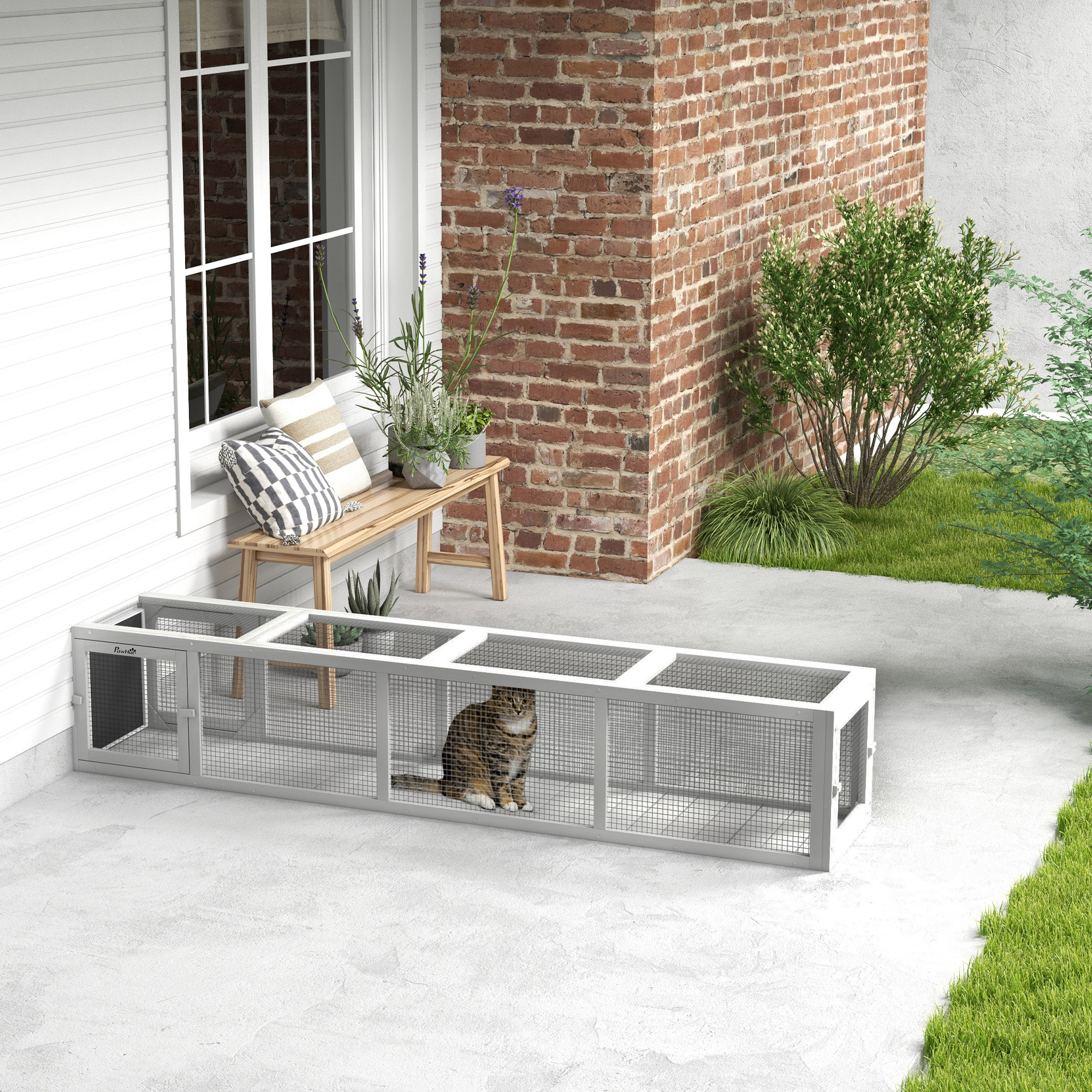  Wooden Cat Run with Weather Protection, Connecting Inside and Outside, 79"L x 15"W x 15"H, White