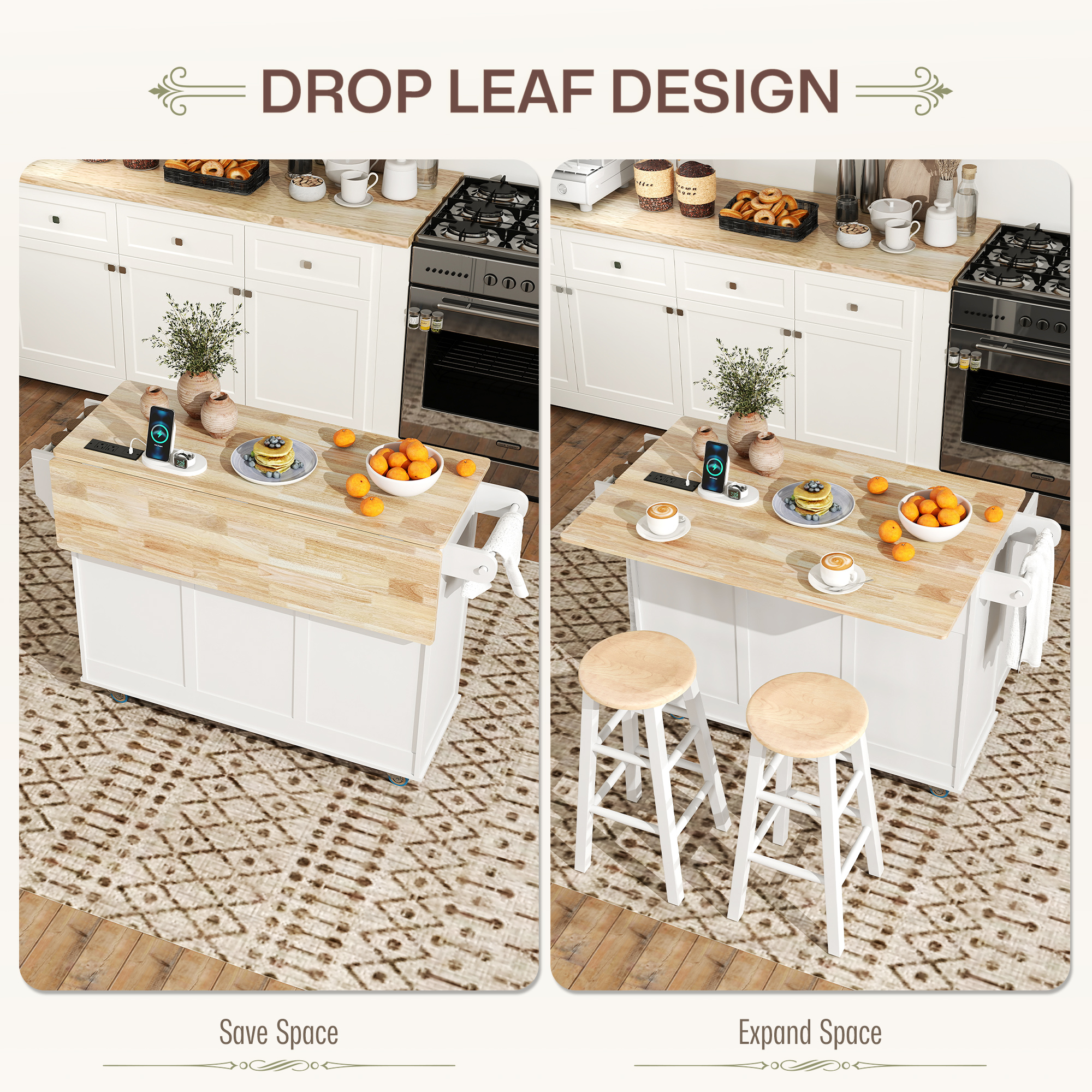 Kitchen Island on Wheels with Drop Leaf view 2