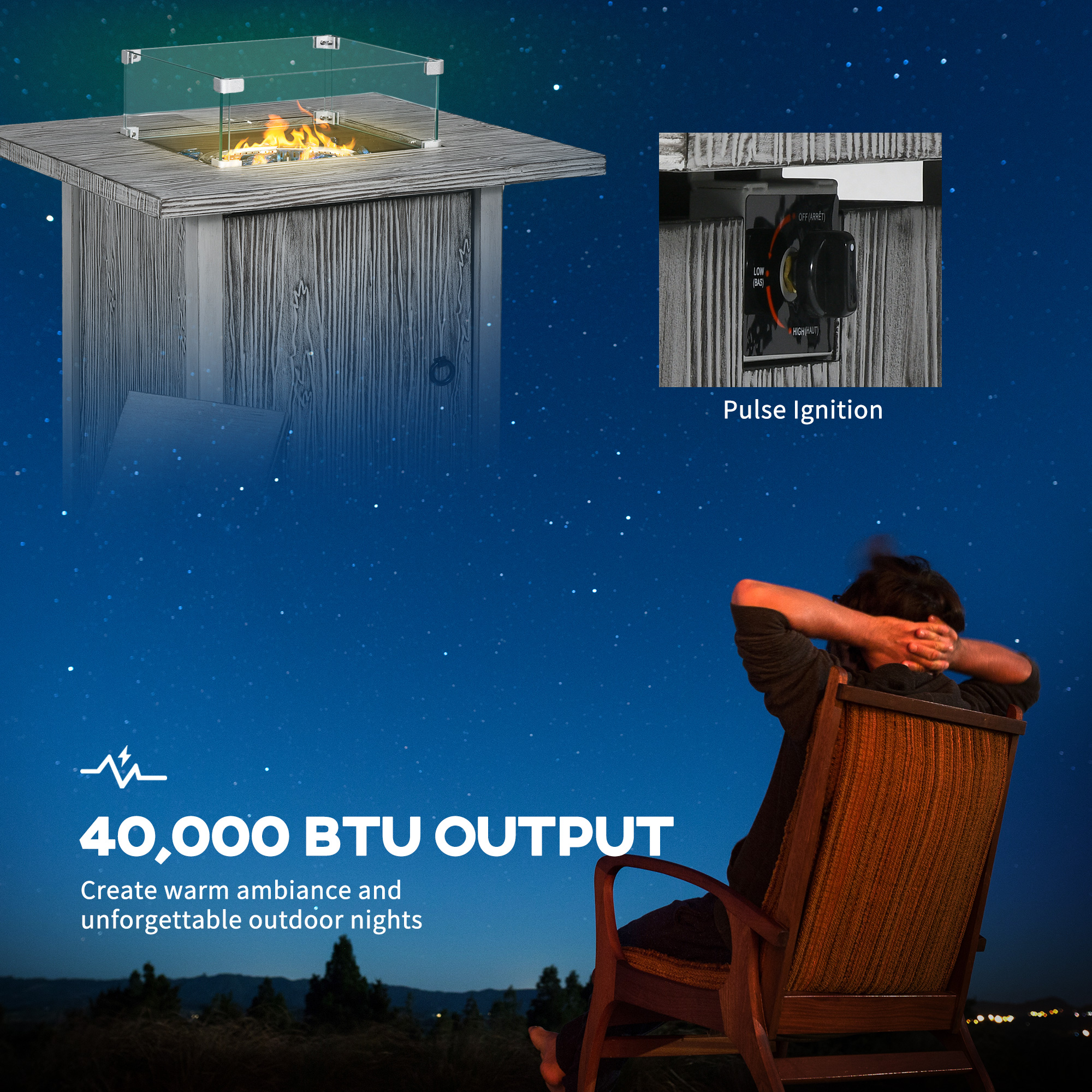 71cm 50,000 BTU Gas Fire Pit Table With Cover And Glass Screen - Grey — image 5