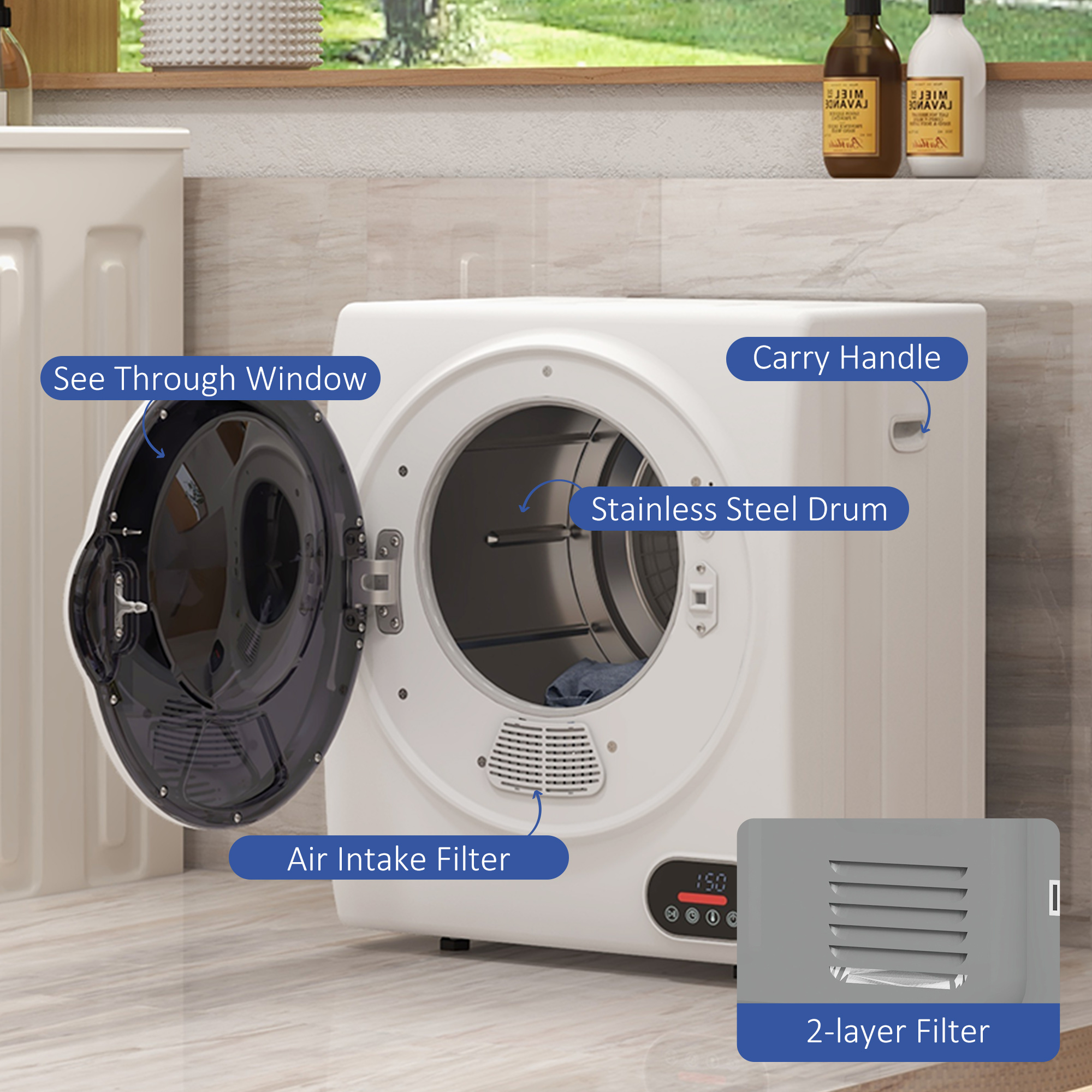  1.5 cu.ft Portable Compact Clothes Laundry Dryer with Intelligent Drying for Apartments Dorms RVs, 850W, White
