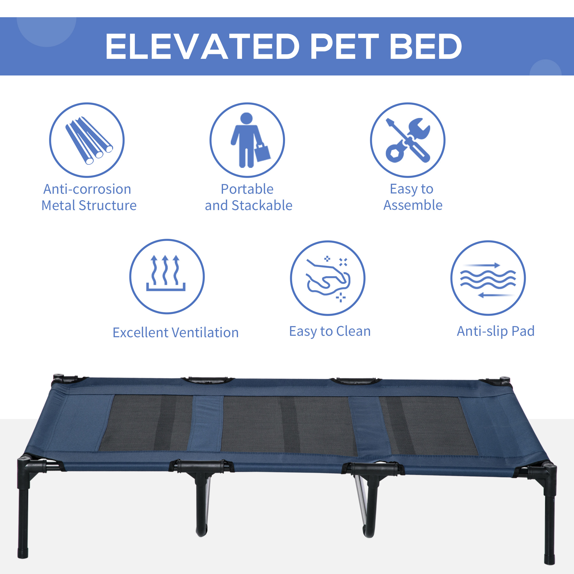  48" x 36" Elevated Breathable Dog Bed w/ Carry Bag Dark Blue