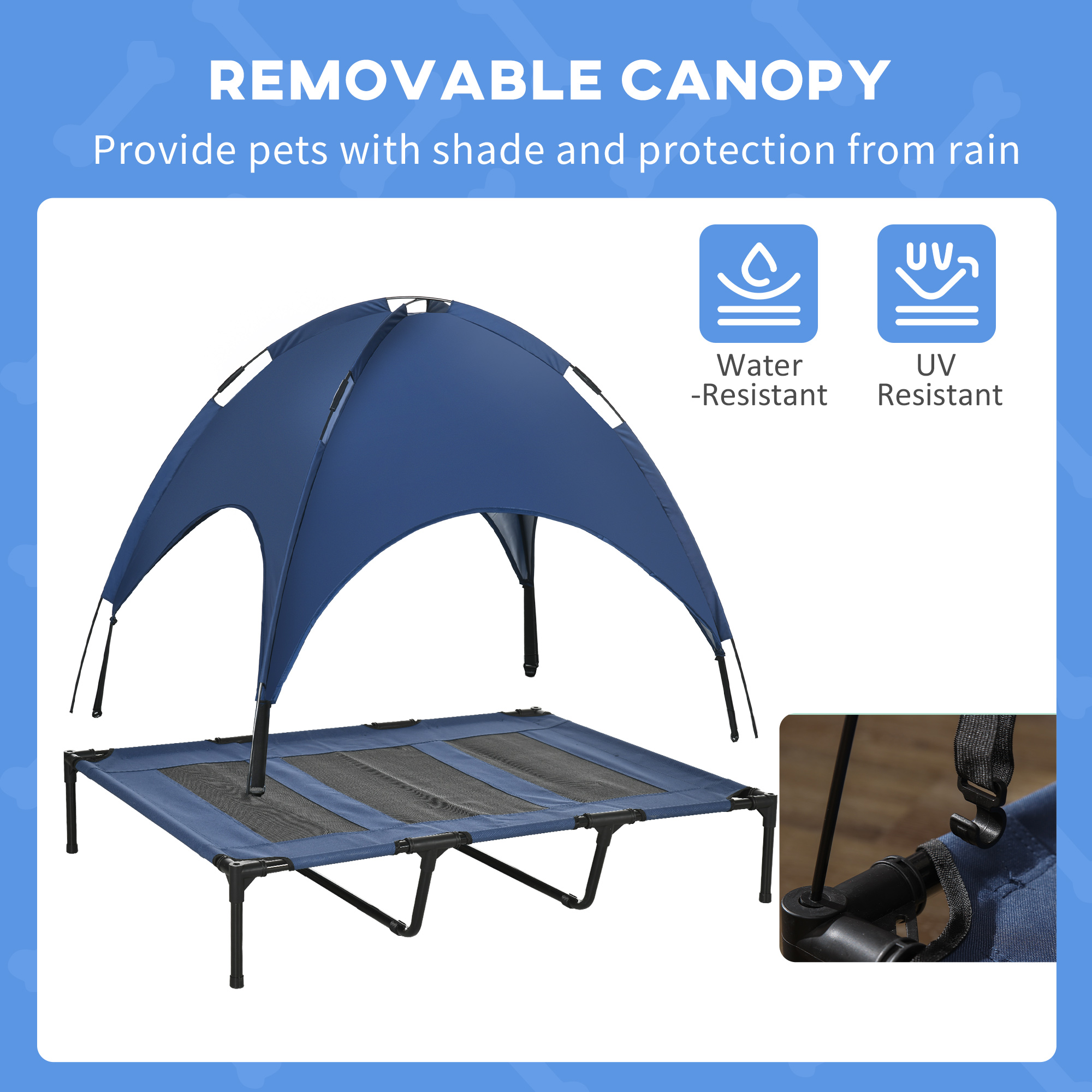  48" x 36" Elevated Portable Dog Cot Cooling Pet Bed with UV Protection Canopy Shade, Dark Blue
