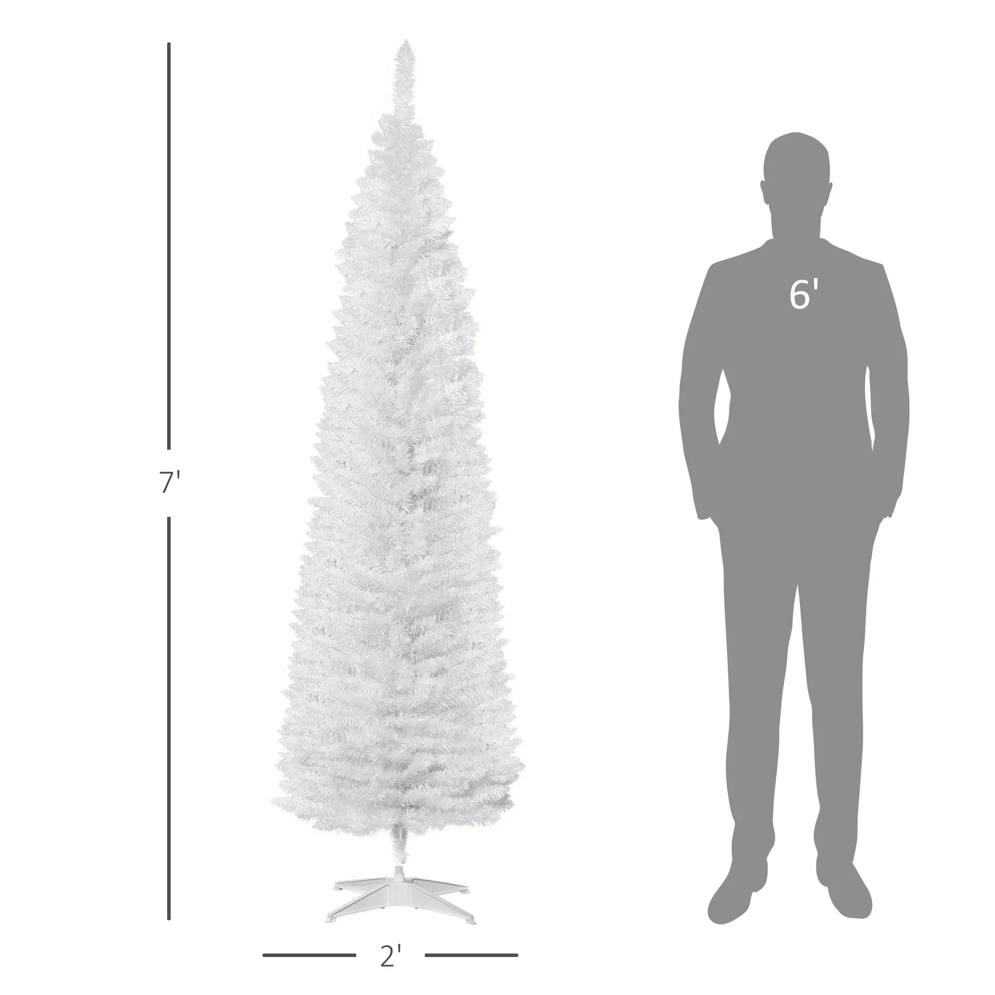 7ft Unlit Pencil Artificial Christmas Tree with Realistic Branches and 499 Tips, Plastic Base, White