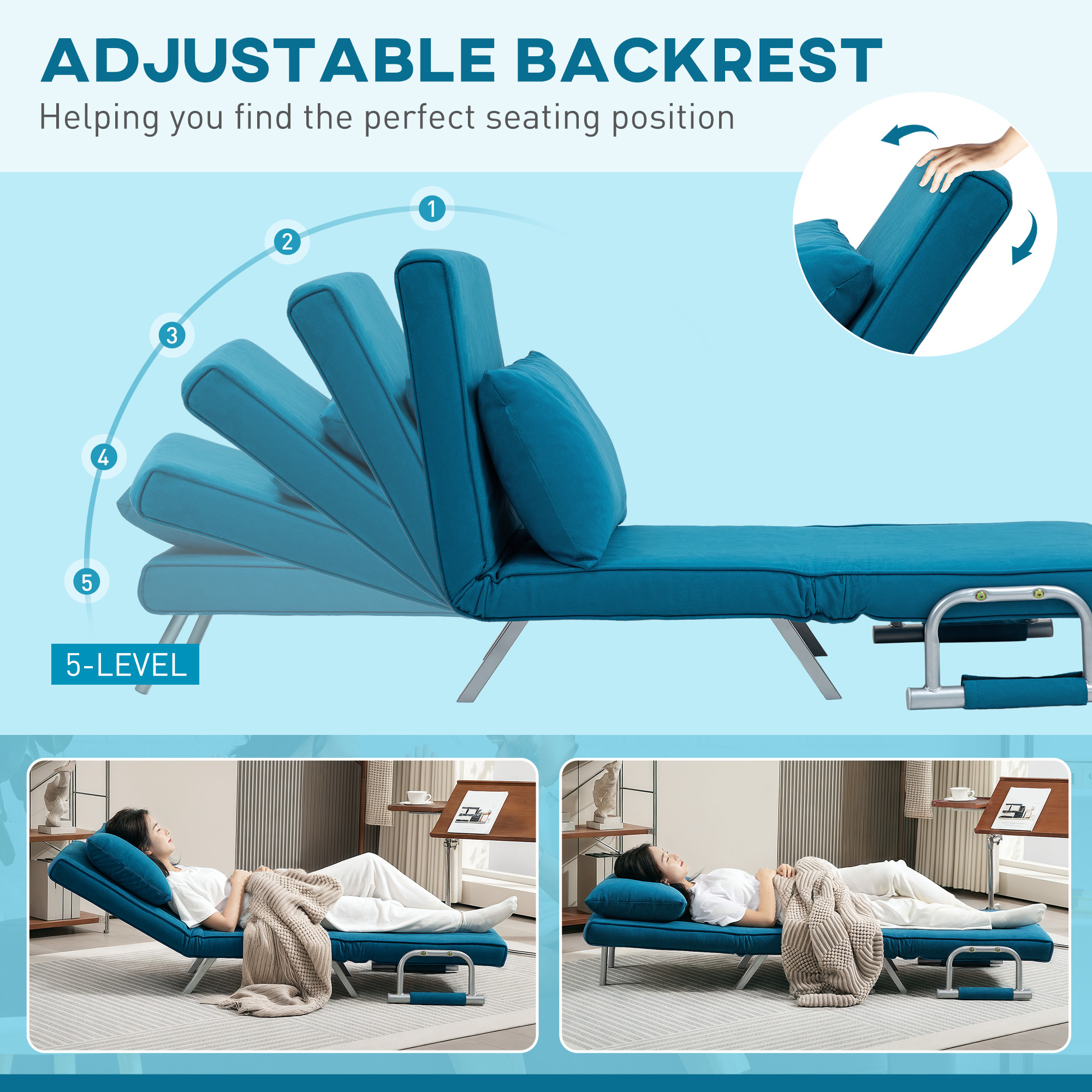 4-in-1 Faux Suede Chair Bed - Blue — image 3
