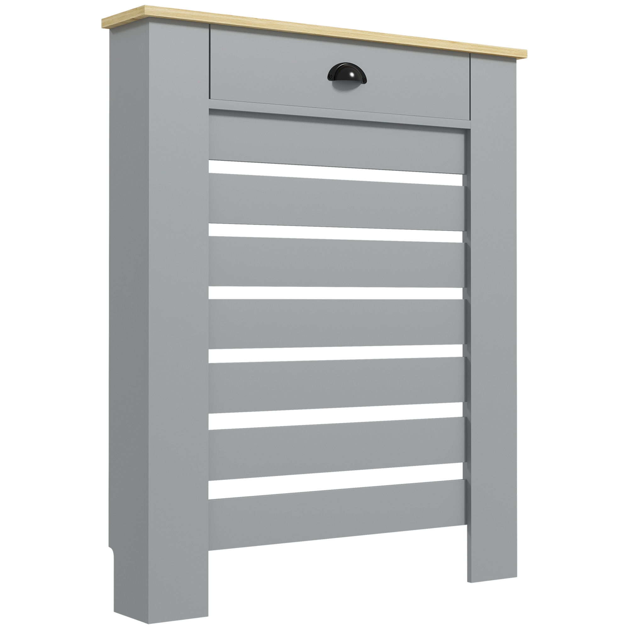 Grey radiator cover with storage drawer, 78cm wide slatted design