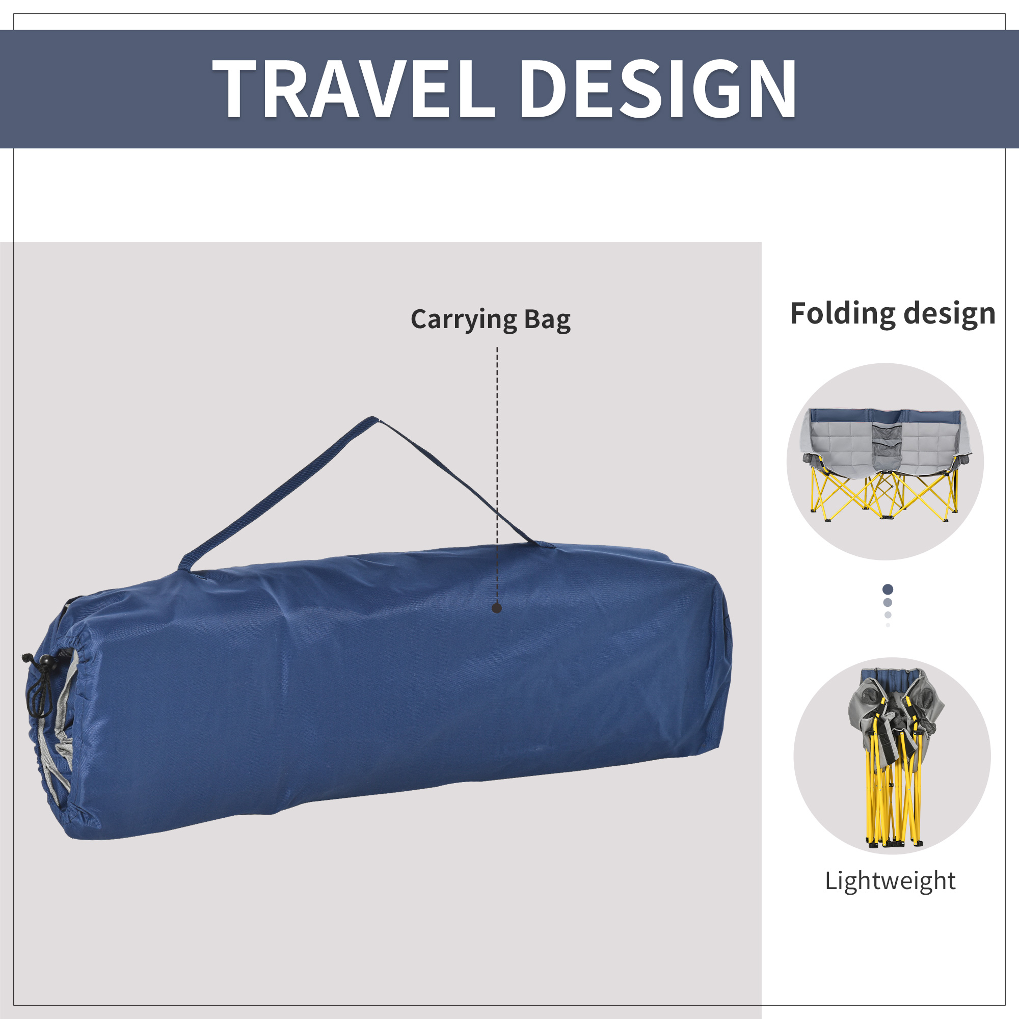 Loveseat Style Camping Chair, Oversized Folding Lawn Chair with Carry Bag & Cup Holders, for Outdoor, Beach, Picnic, Hiking, Travel, Navy Blue & Gray