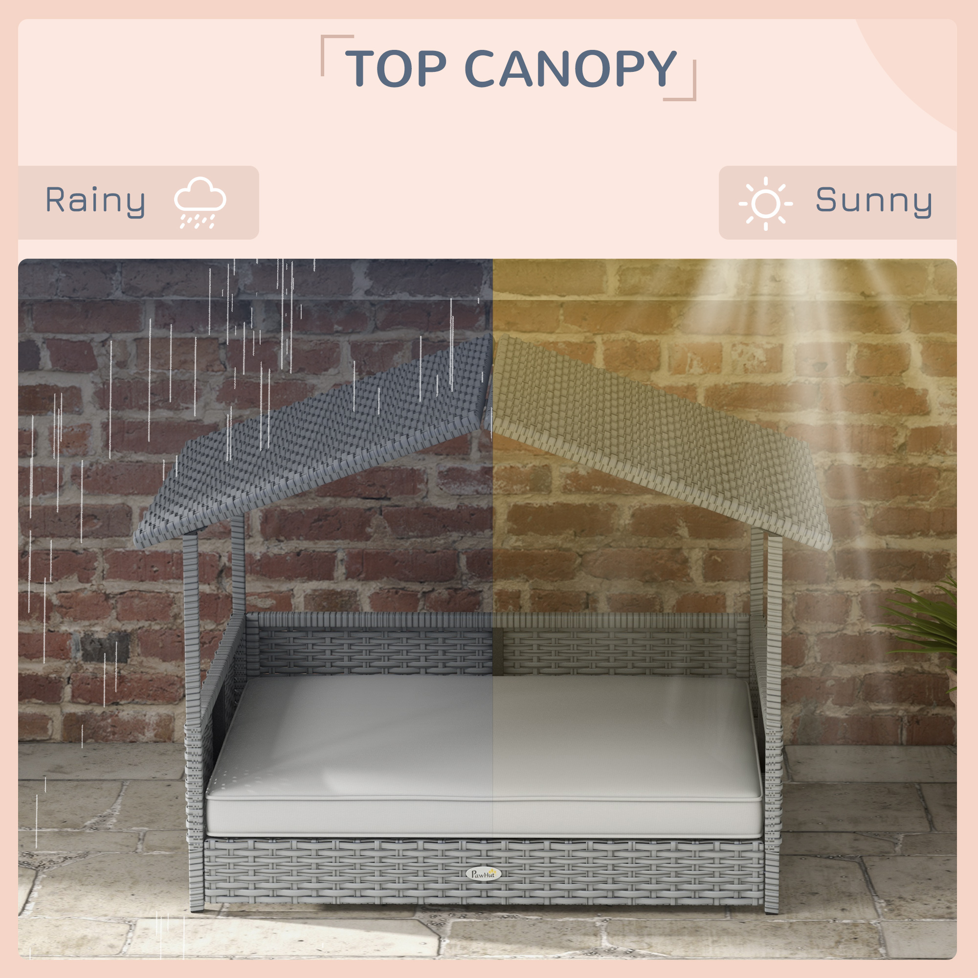 Wicker Dog House Outdoor with Canopy, Rattan Dog Bed with Water-resistant Cushion, Raised Pet Bed for Small, Medium Breeds up to 66 lbs, 20" in Length, Silver Wicker, White Cushion