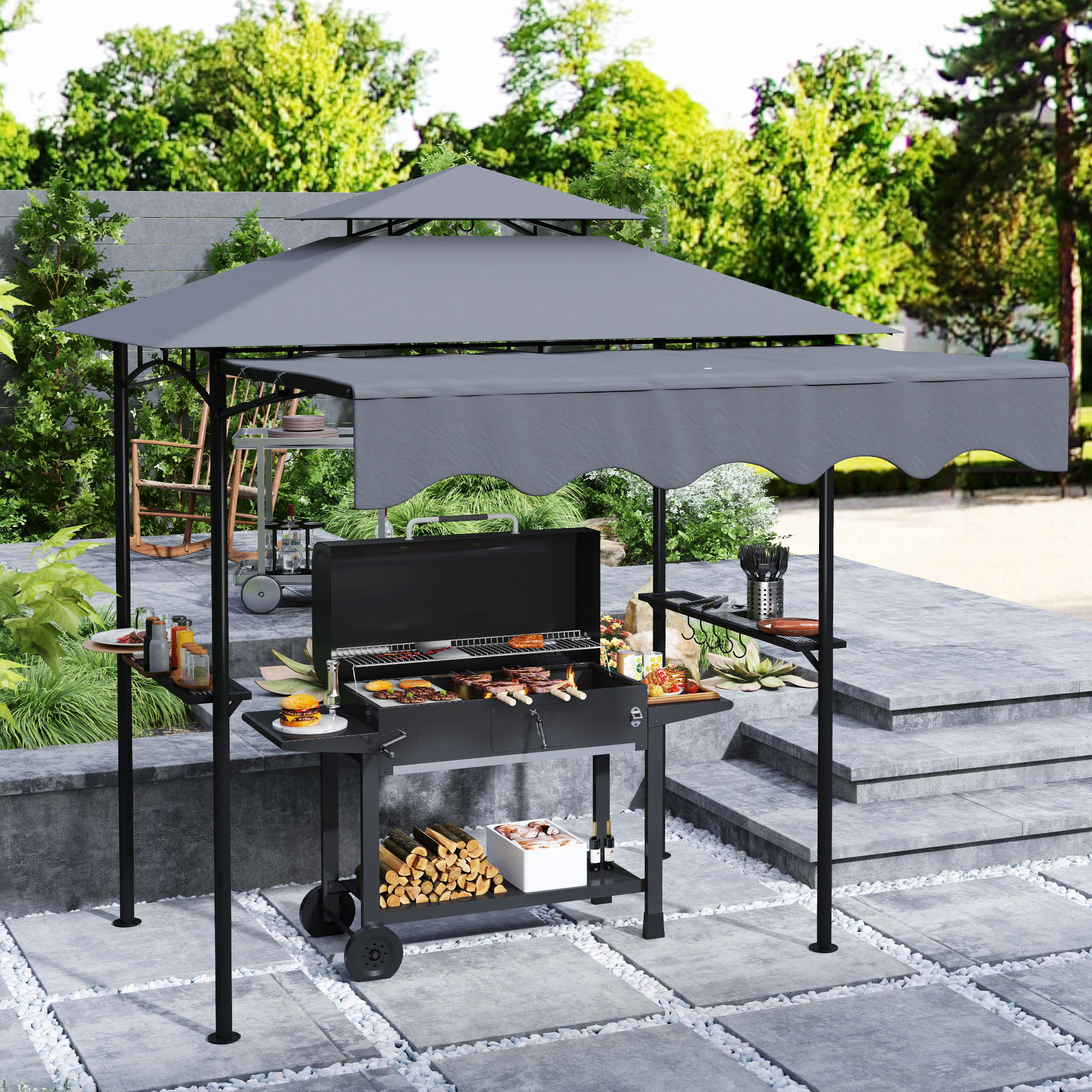 8 x 7.6 Outdoor Grill Gazebo, Barbecue Gazebo Shelter with Side Awning, 2 Side Shelves and 6 Hooks, Dark Gray