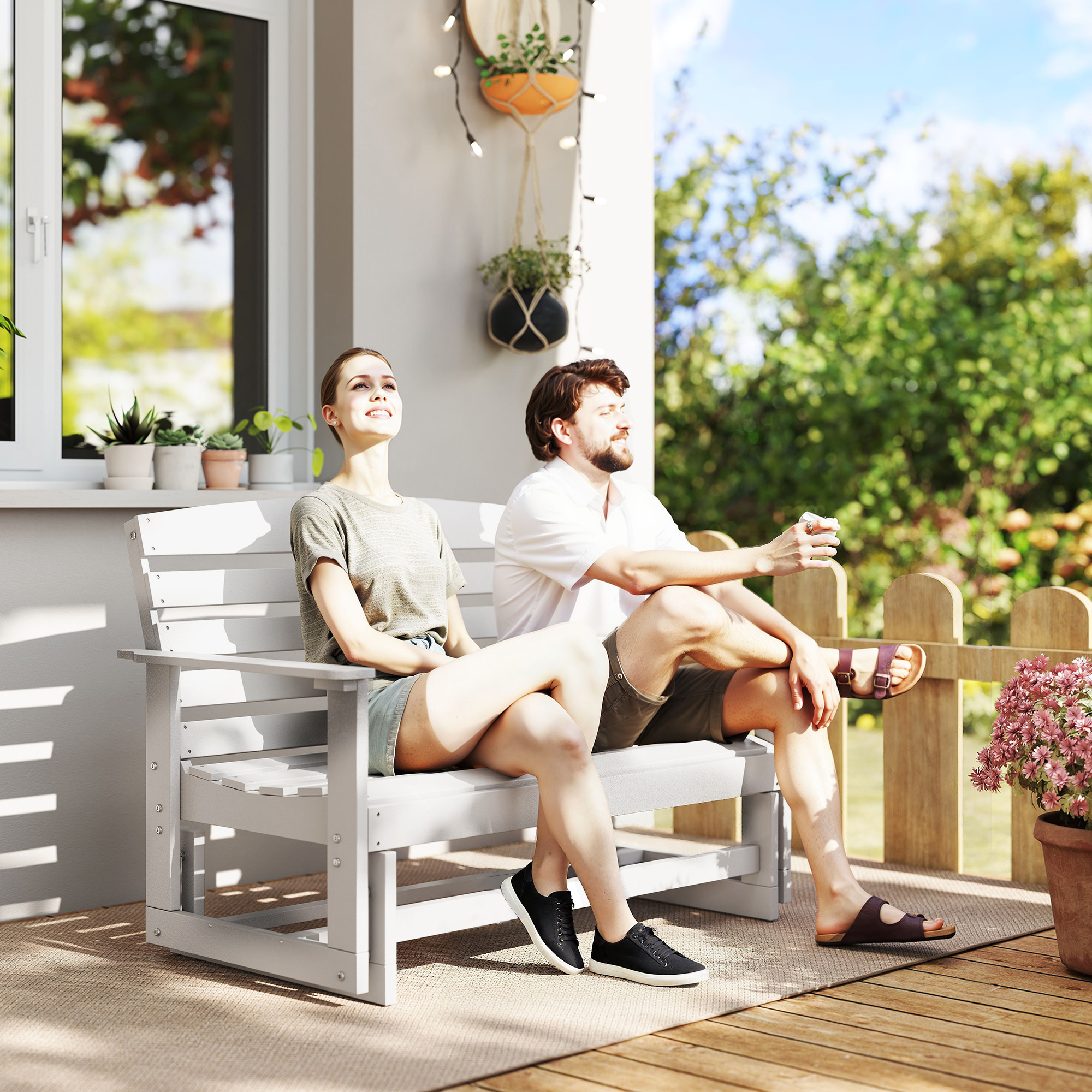 Patio Glider Bench w/ HDPE Slatted Double Rocking Chair, White