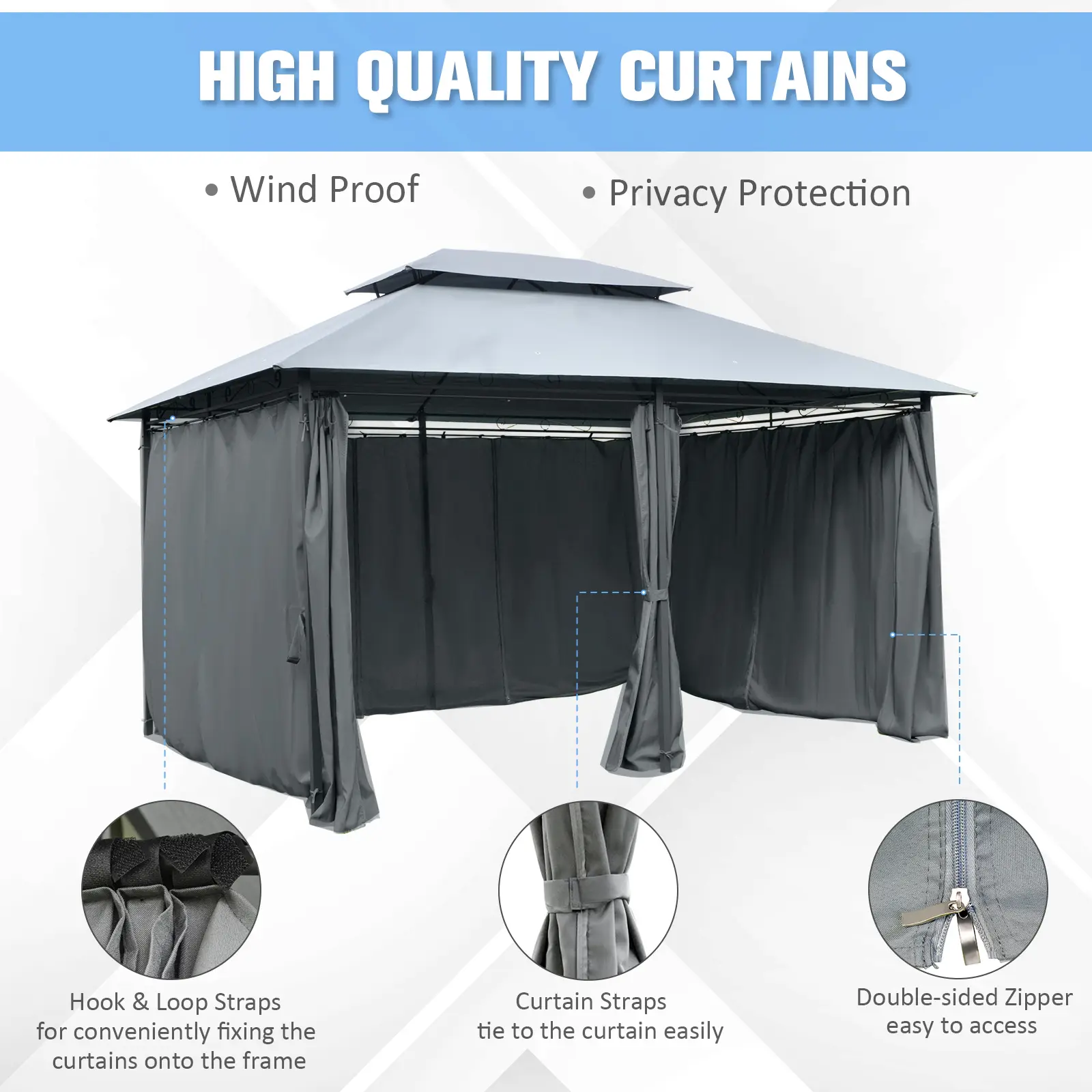10 x 13 Outdoor Soft Top Gazebo Pergola with Curtains, 2-Tier Steel Frame Gazebo for Patio, Sage Gray