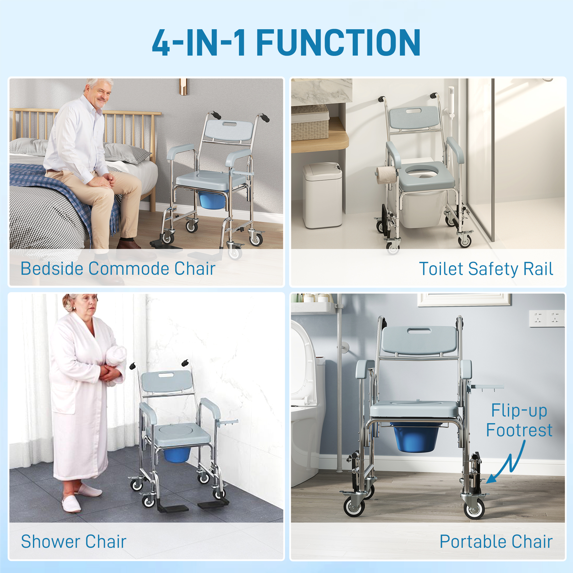 Rolling Shower Wheelchair For Seniors, Bedside Commode Chair With Locking — image 2