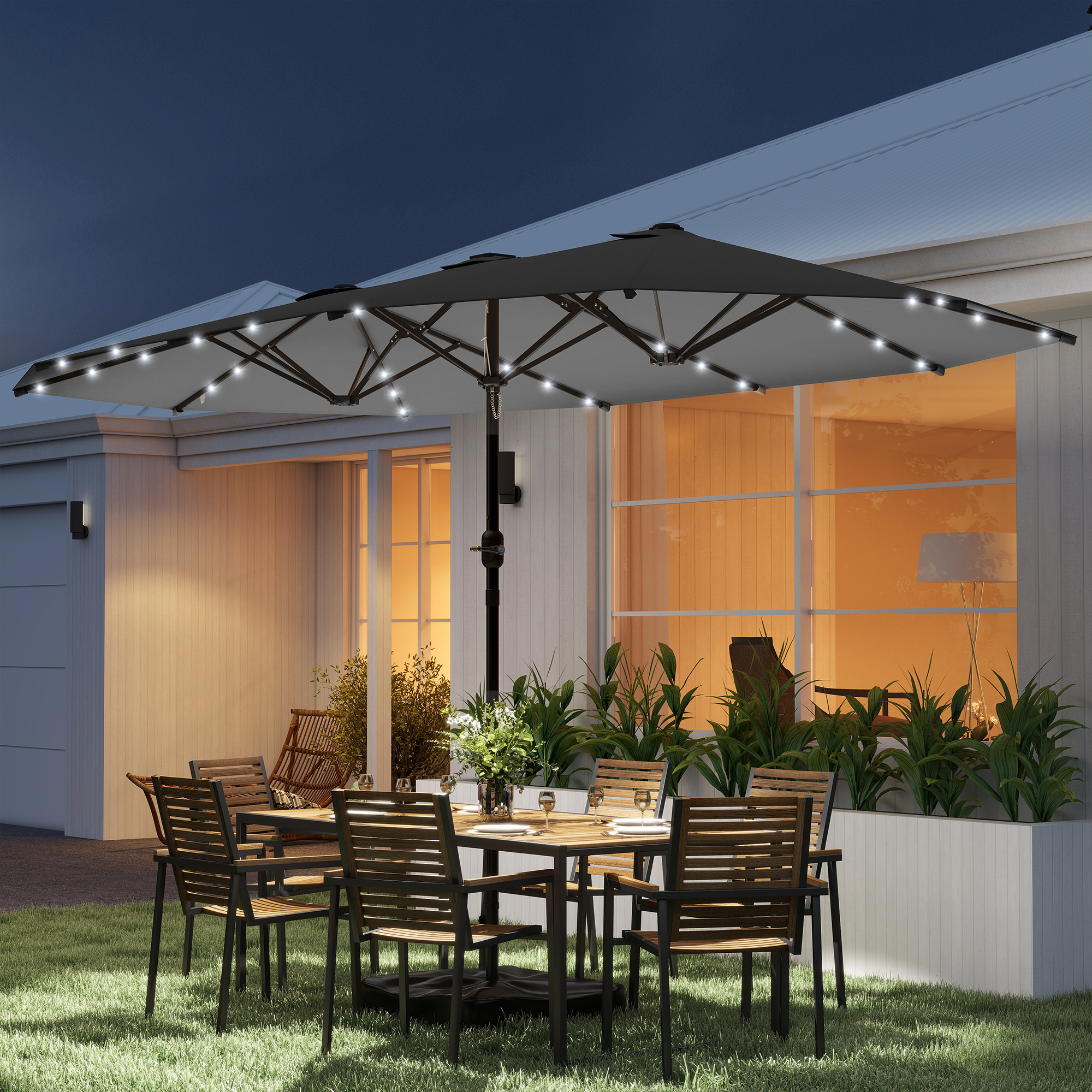 Garden Parasol 14.4ft Double-Sided Sun Umbrella with Base, Patio Parasol with LED Solar Lights, Gray