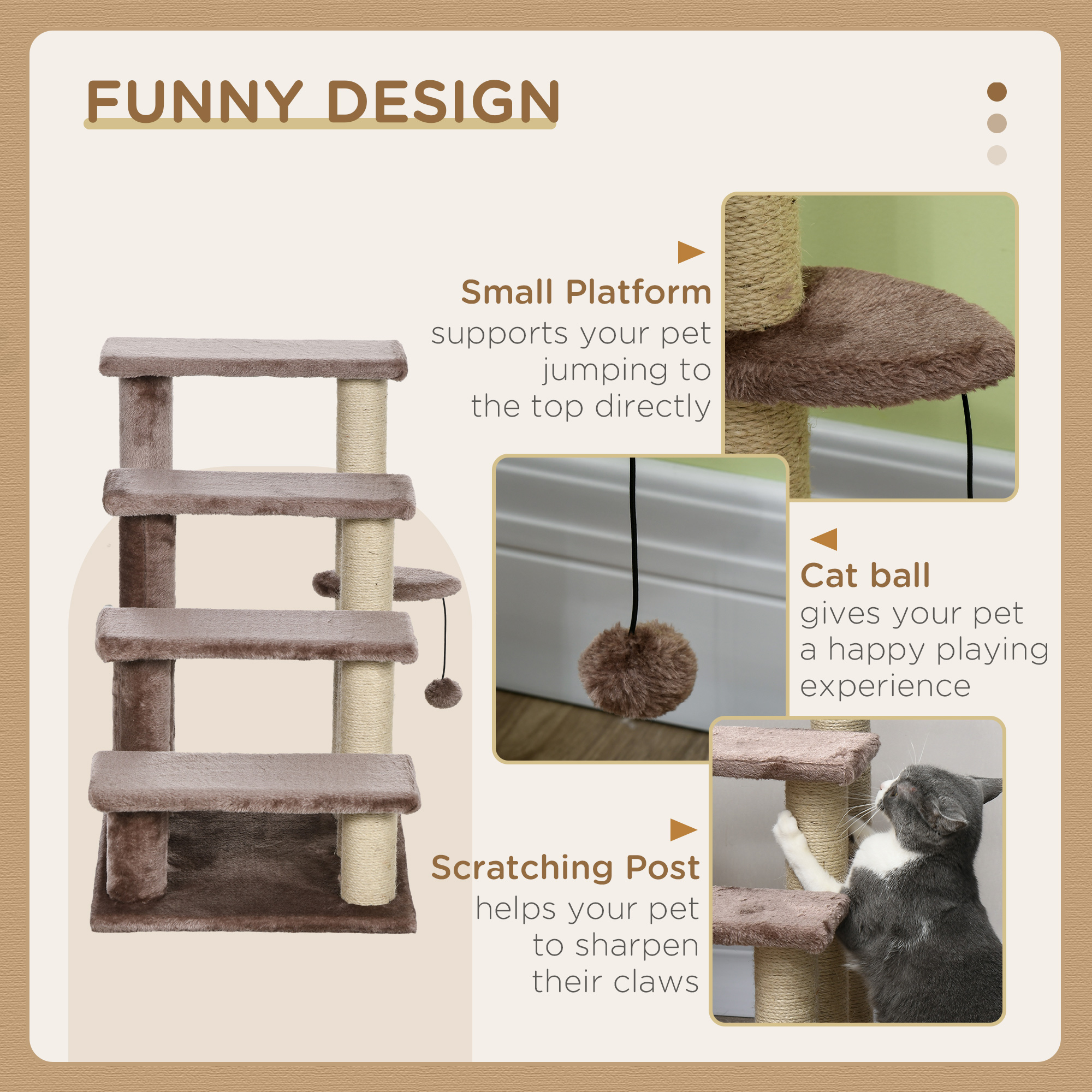  4 Levels Cat Steps with Scratching Posts for High Bed, Sofa, Brown