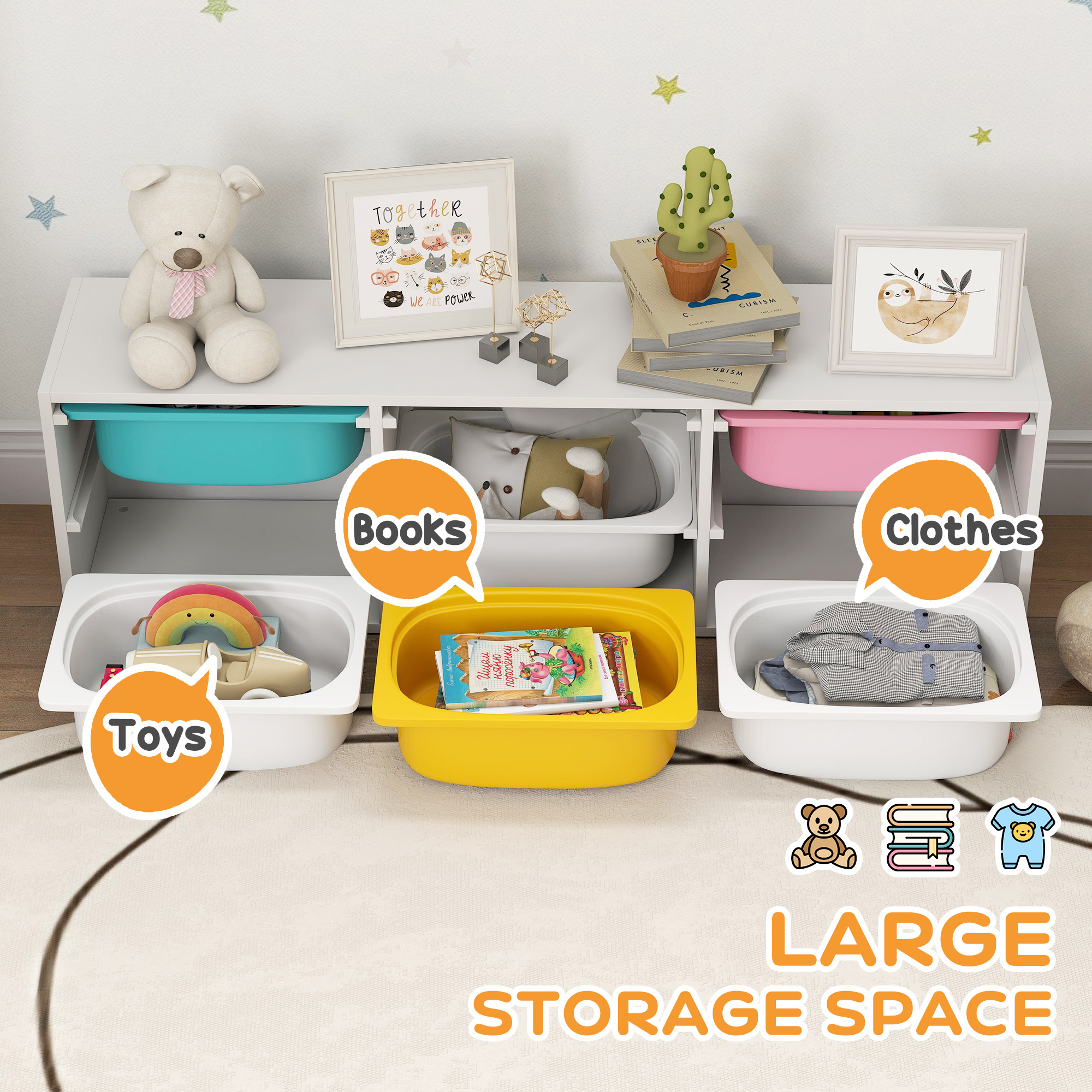 Low Height 2 Tiers Storage Organiser, Kids Toy Unit With 6 Removable Bins