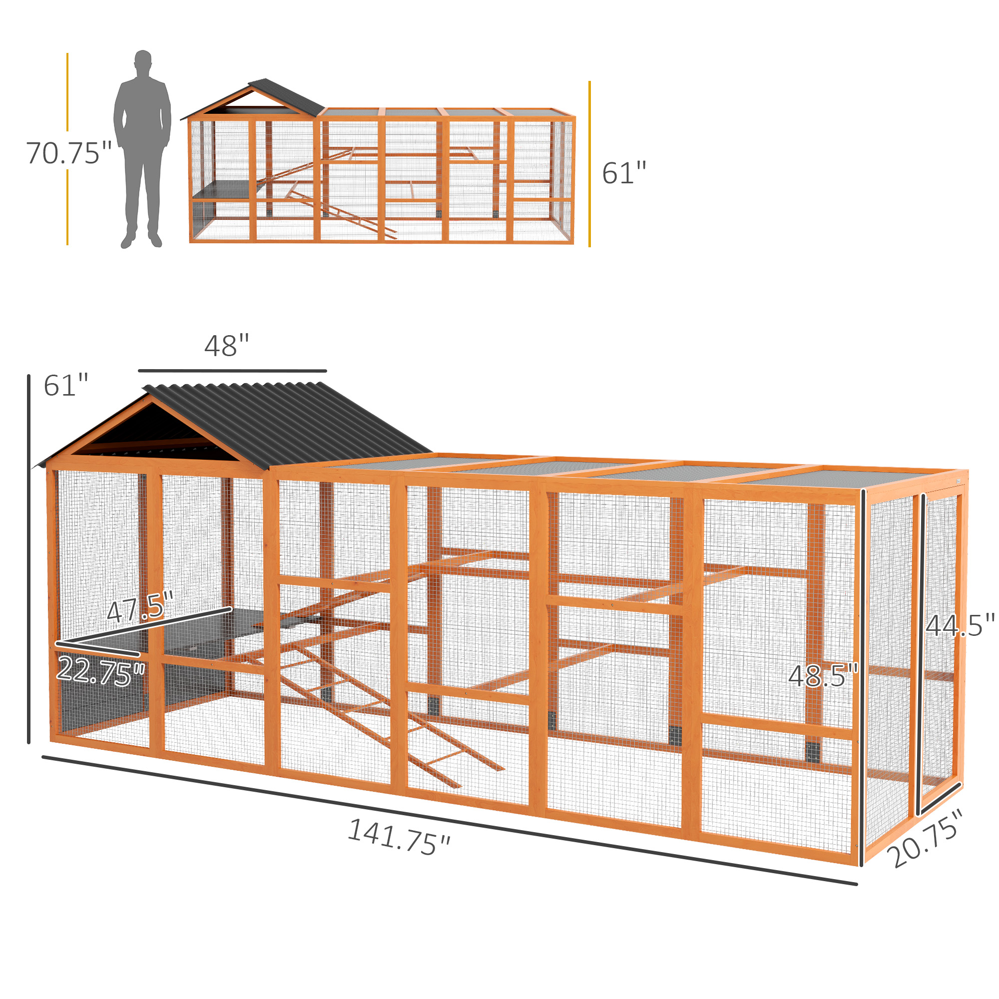  Wooden Chicken Coop Run for 6 - 10 Chickens, Hen House Add-On with Storage, Perches, 141.75" x 48" x 61", Orange