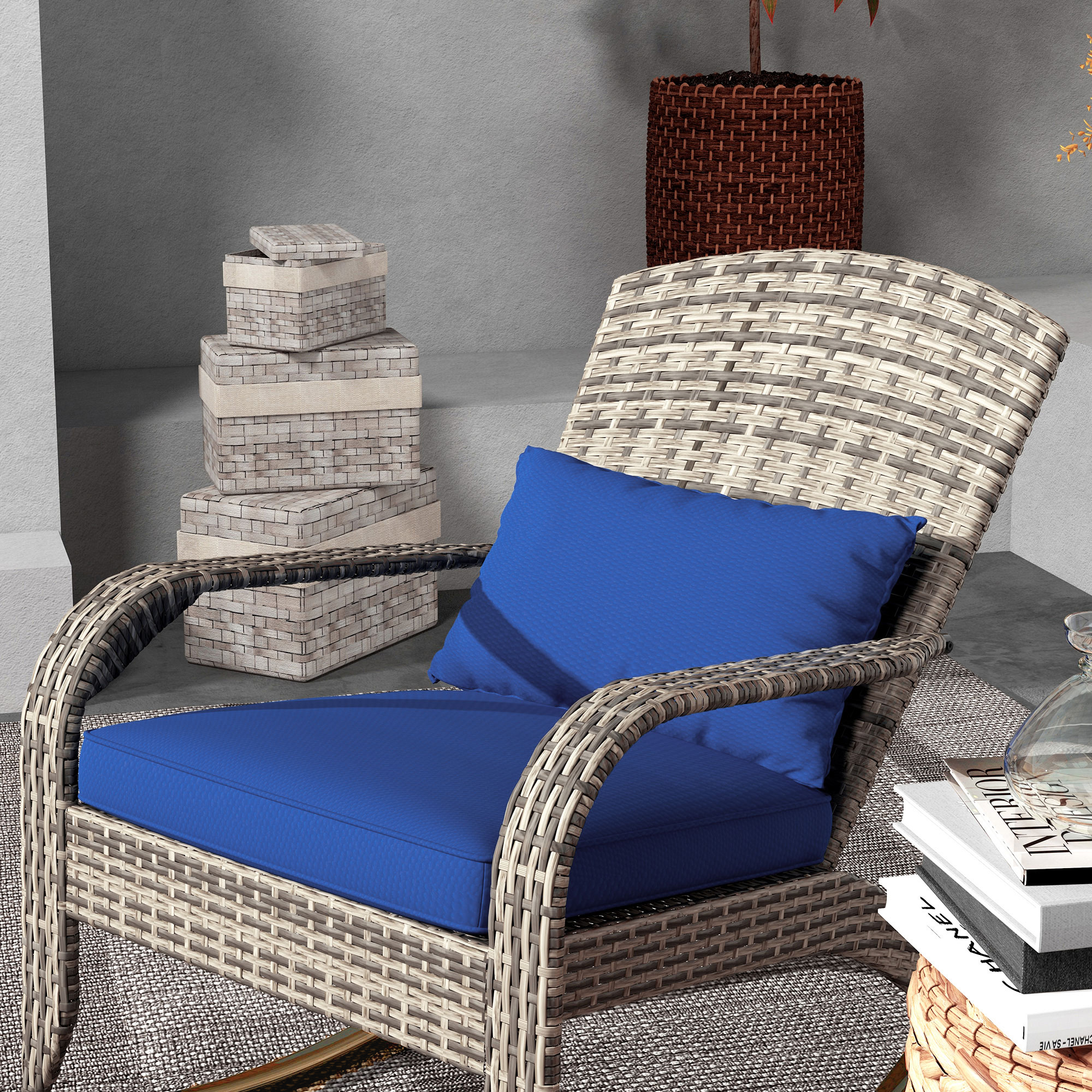  Adirondack Chair, Outdoor Wicker Rocking Chair with High Back, Seat Cushion, and Pillow for Porch, Balcony, Dark Blue