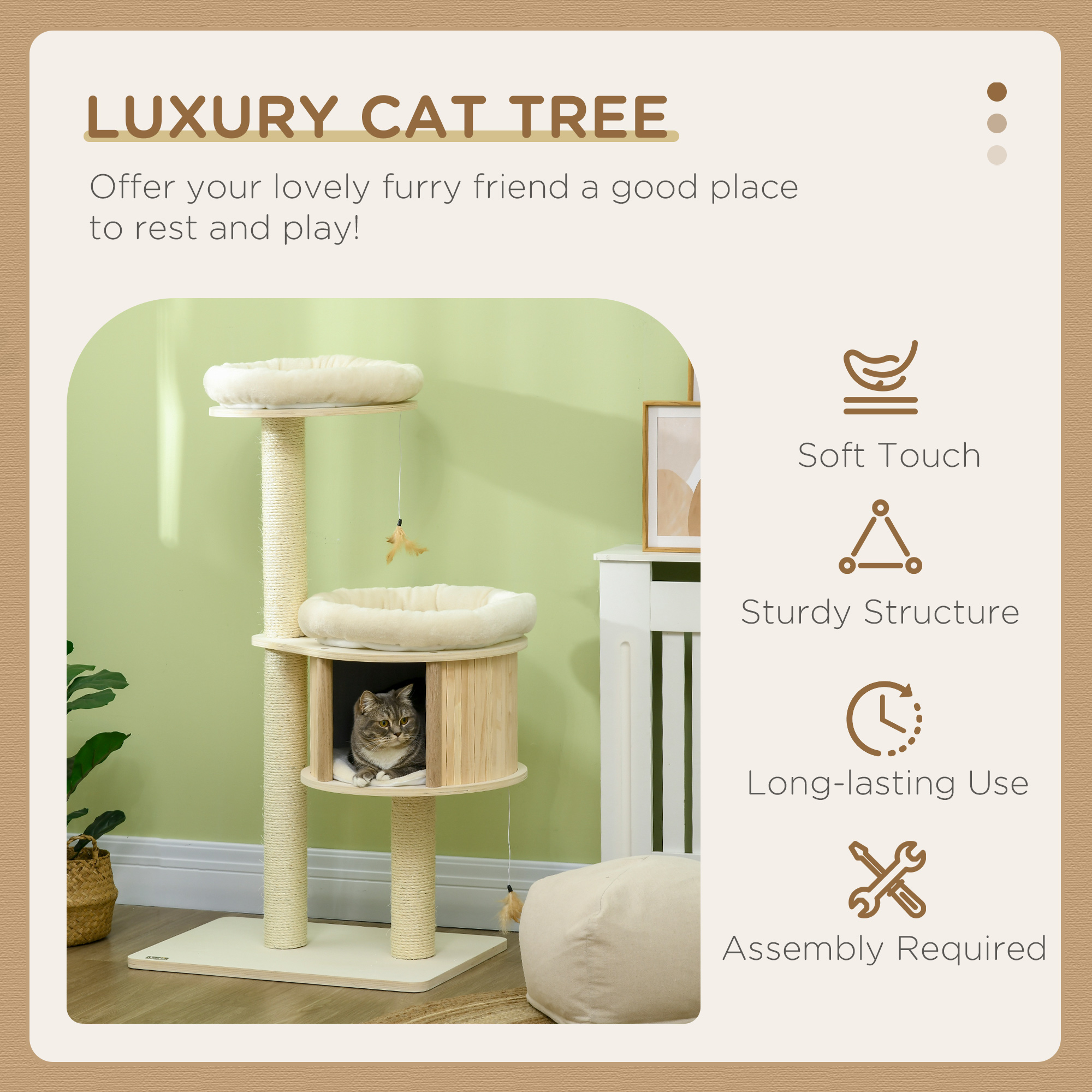  Cat Tree, 3 Level Cat Tower with Scratching Posts, Bed, Condo, Badminton Toys, for Multiple Kittens