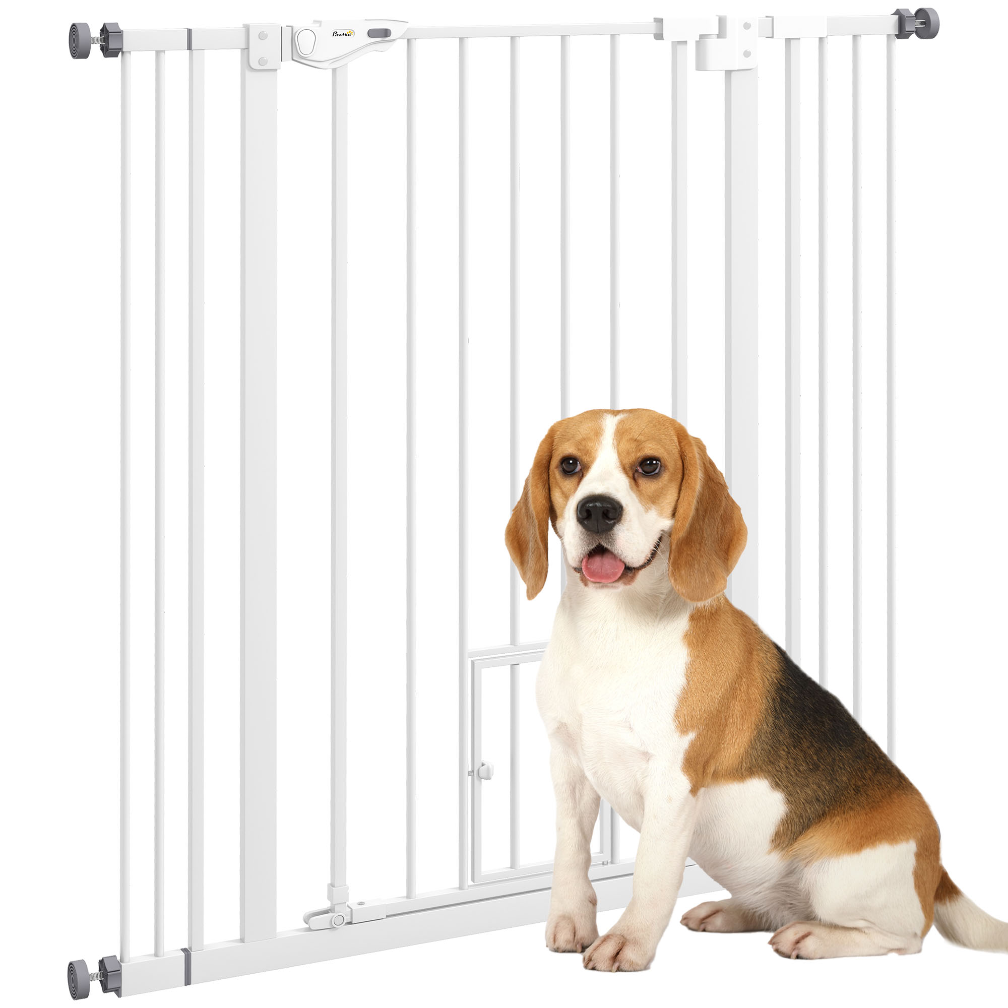 PawHut Extra Tall Pet Gate, Indoor Dog Safety Gate, With Cat Flap, Auto Close, 74-101cm Wide - White - Image 1