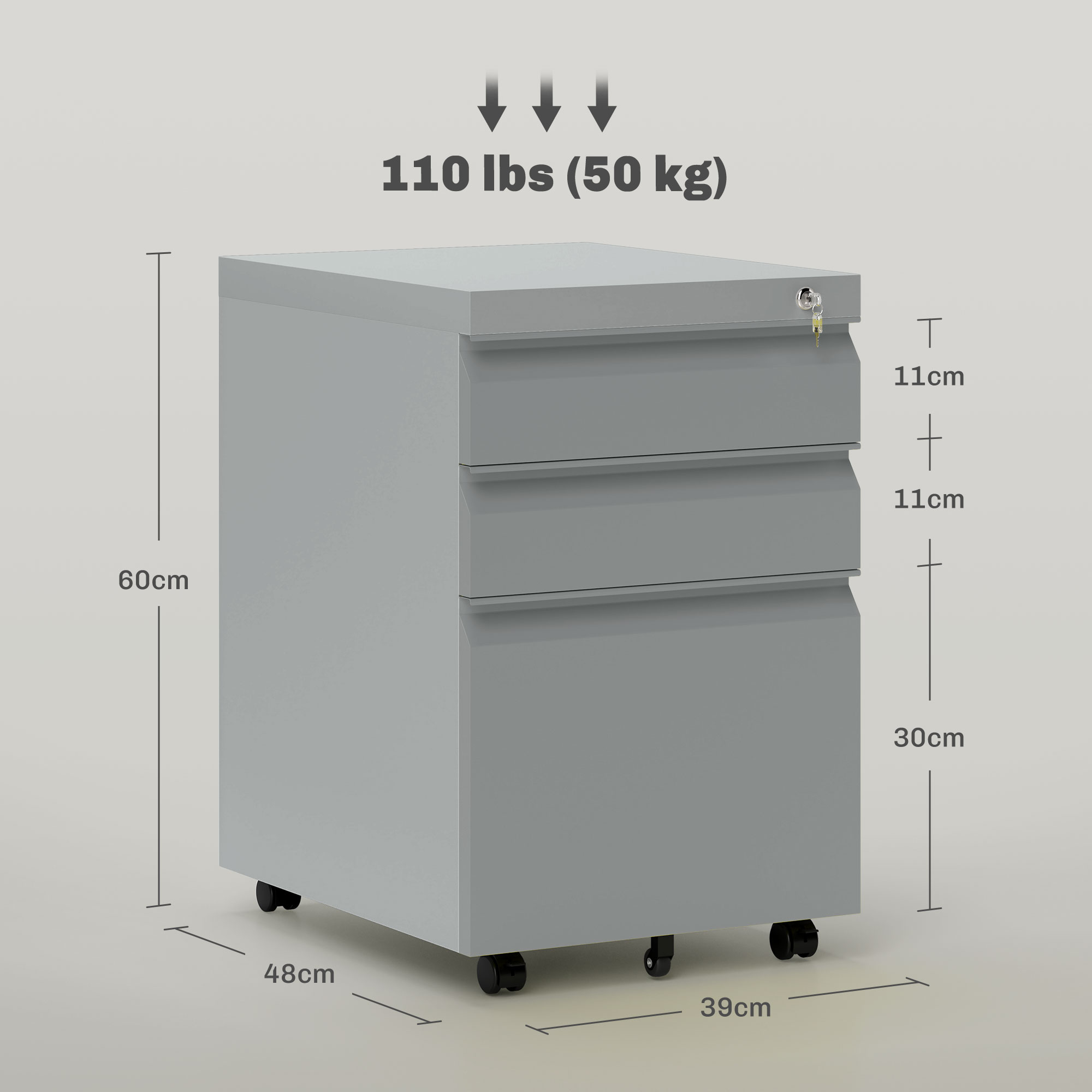 Vinsetto 3 Drawer Filling Cabinet, Mobile Metal File With Anti-tilt Design — image 4