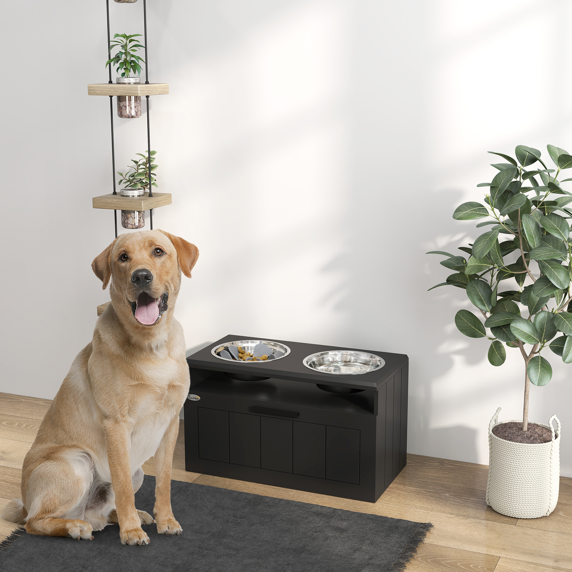 PawHut raised slow feeder bowl for large dogs with pull-out storage drawer