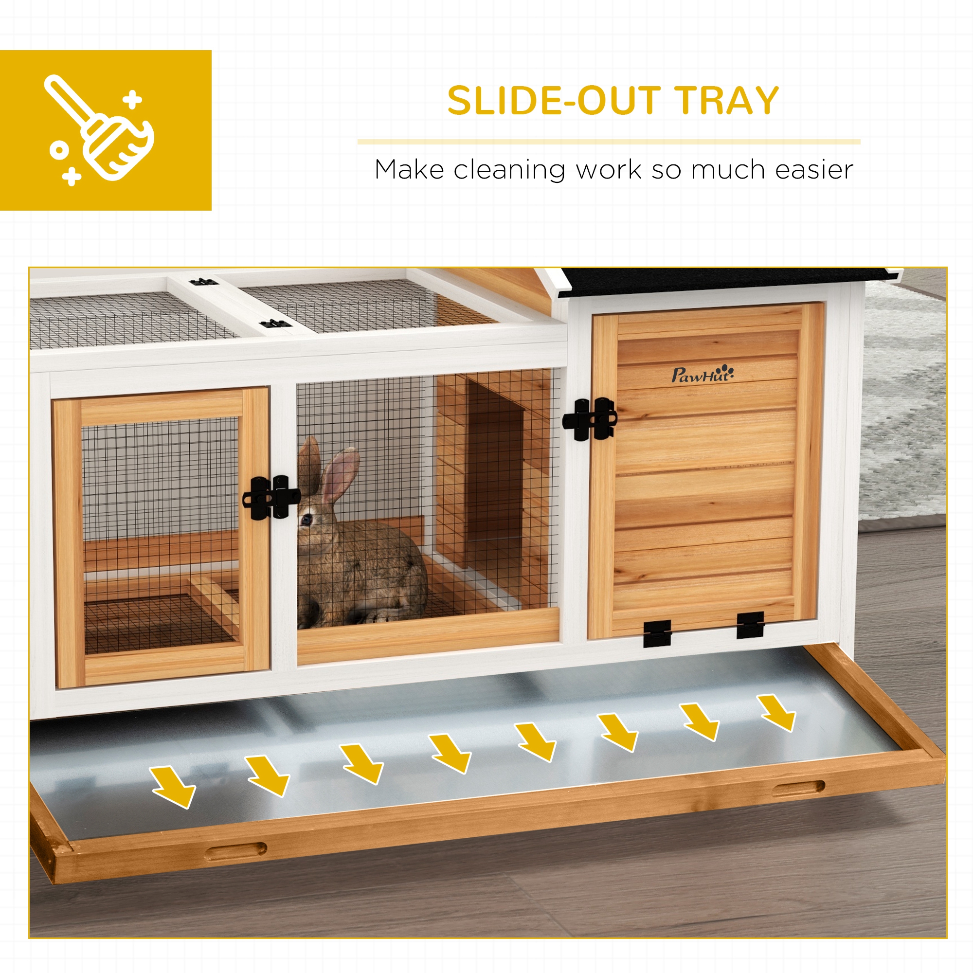  Wooden Rabbit Hutch with Wheels, Run, Slide-out Tray for Small Animals, Guinea Pig, Yellow