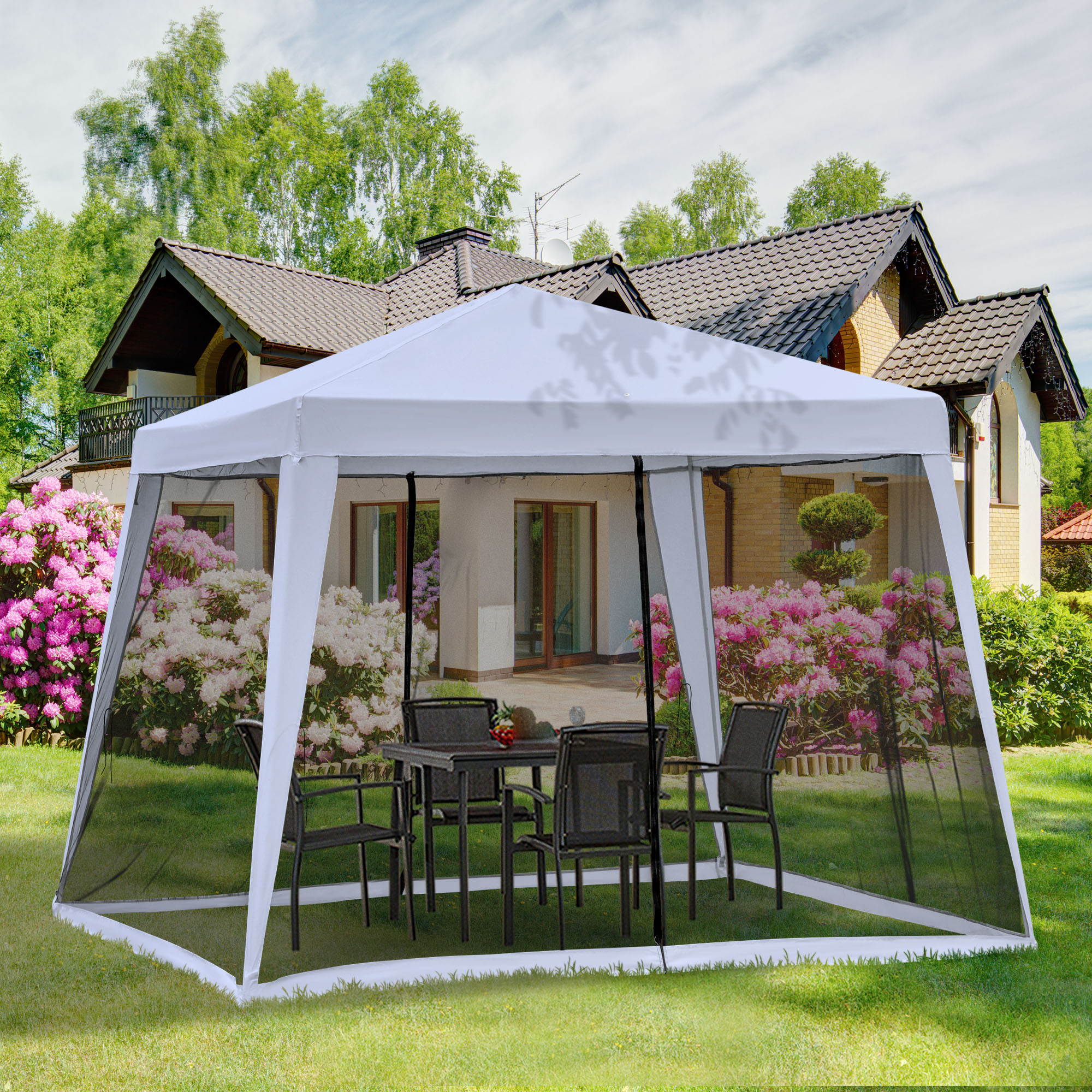 10x10 Outdoor Party Tent Canopy with Mesh Sidewalls, Patio Gazebo Sun Shade Screen Shelter, gray