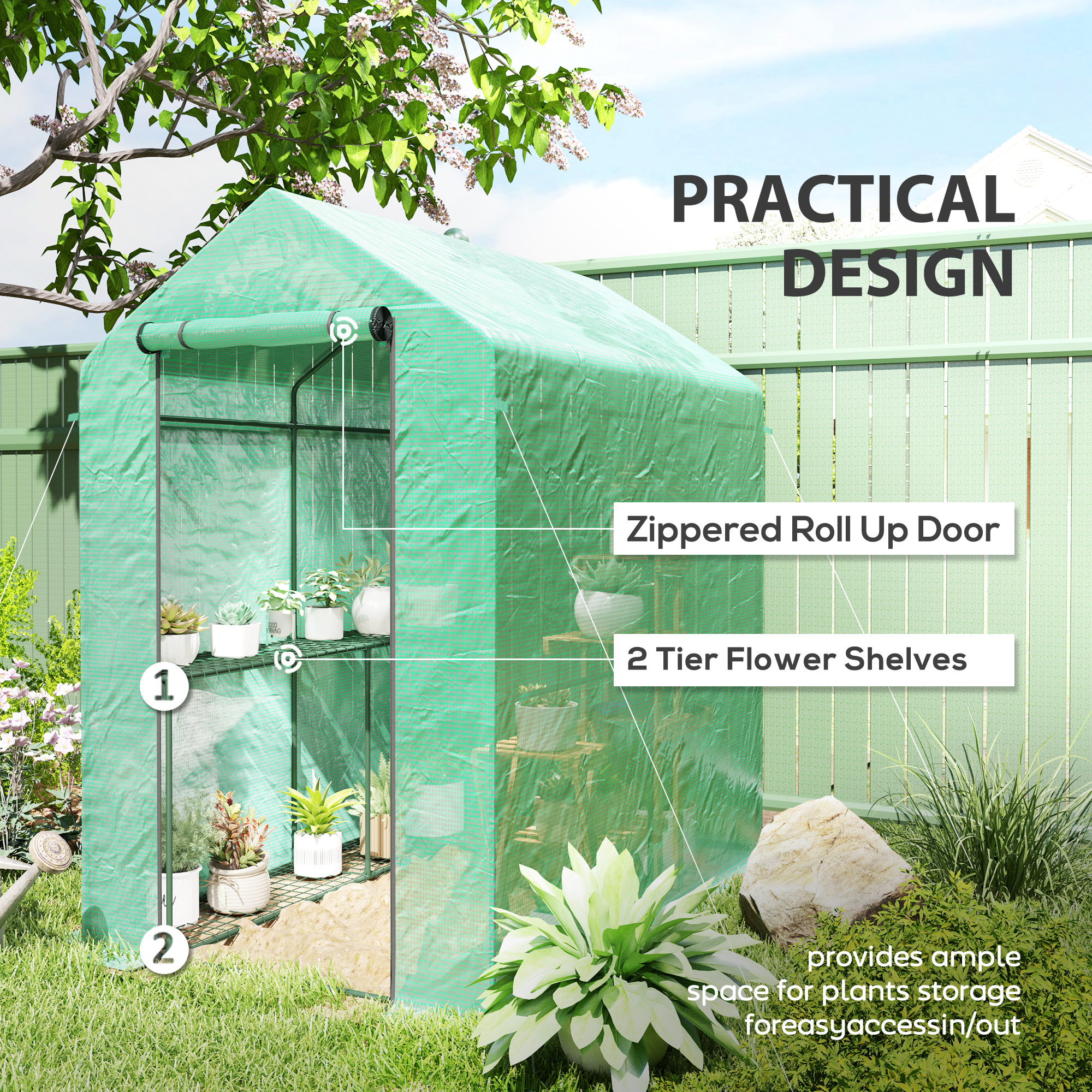 120 X 186cm Walk-In Greenhouse, With Shelves - Green