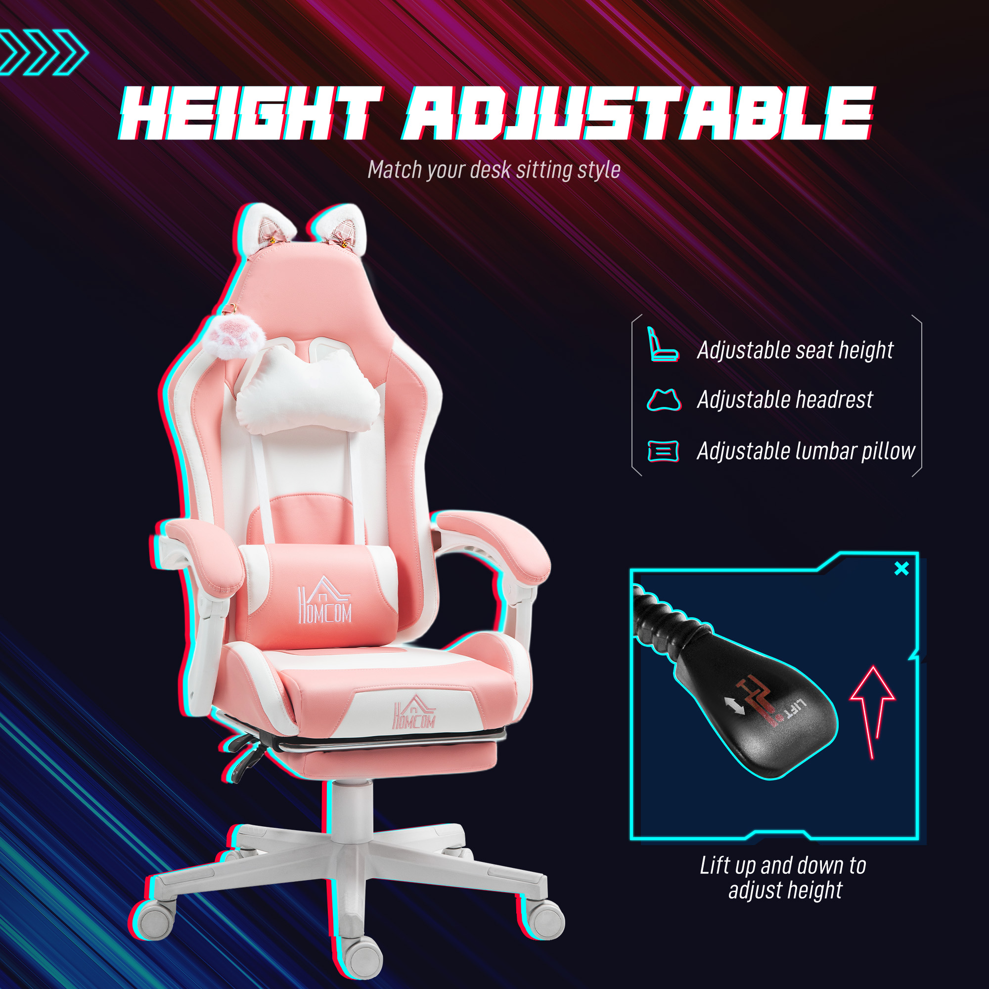 Cute Racing Gamer Chair, Faux Leather Gaming Chair with Footrest, Headrest and Lumbar Support, Pink 5