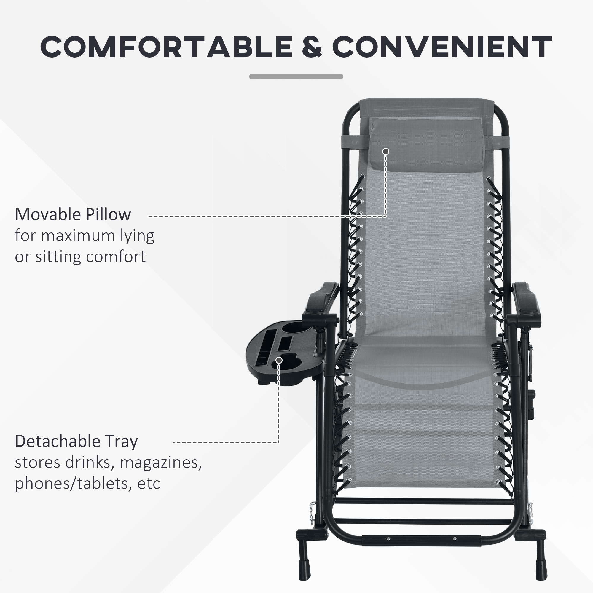  2 Outdoor Rocking Chairs Foldable Reclining Zero Gravity Lounge Rockers w/ Pillow Cup & Phone Holder, Gray