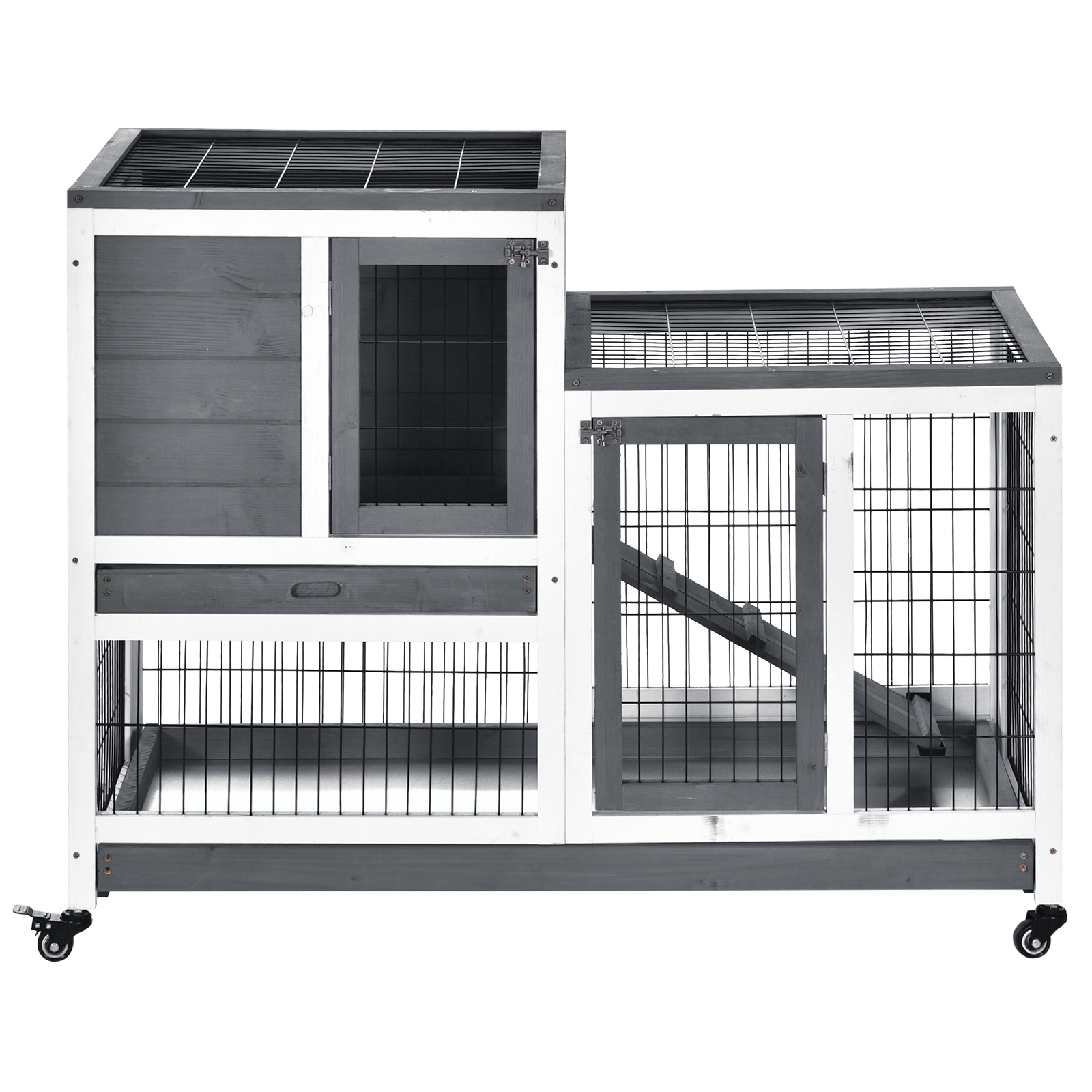  Wooden Rabbit Hutch Elevated Bunny Cage Indoor Small Animal Habitat with Enclosed Run with Wheels, Ramp, Removable Tray for Rabbits, Chickens, Ducks, Guinea Pigs, Gray