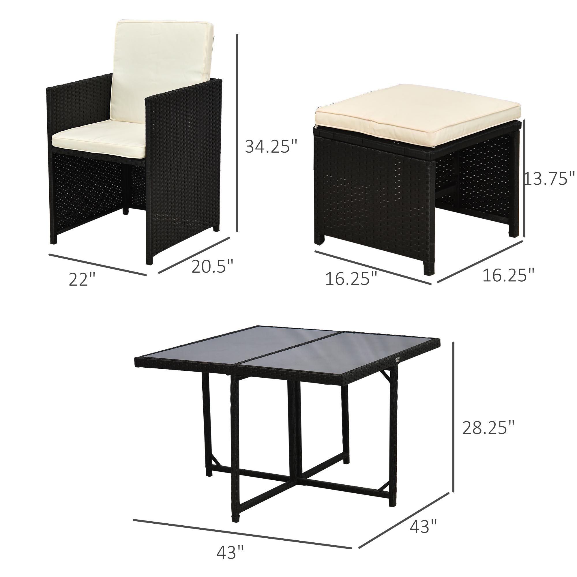  9 Pieces Outdoor Dining Set for 8, Space Saving Wicker Chairs and Square Glass Table with Cushions and Ottomans, Rattan Conversation Patio Furniture Set for Garden, Black/Cream White