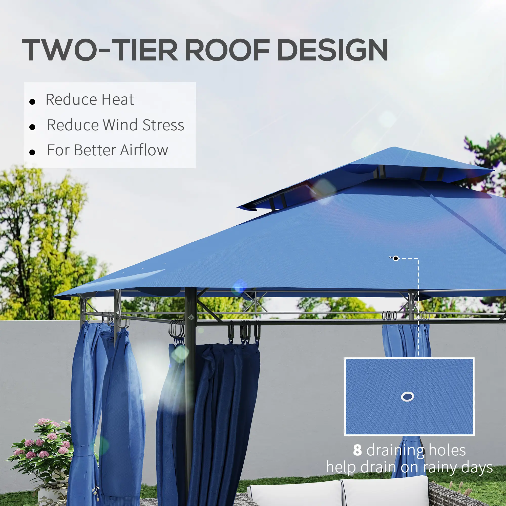 10 x 13 Double Roof Patio Gazebo, Outdoor Gazebo with Curtains, for Garden, Lawn, Backyard and Deck, Dark Blue
